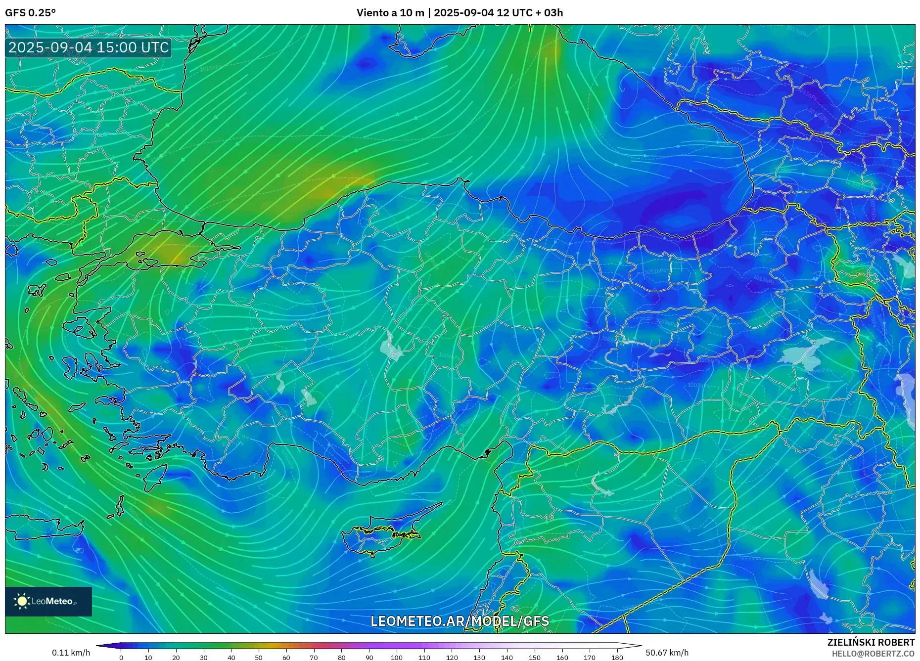 GFS model - Turquía, Viento a 10 m GFS model - Turquía, Viento a 10 m