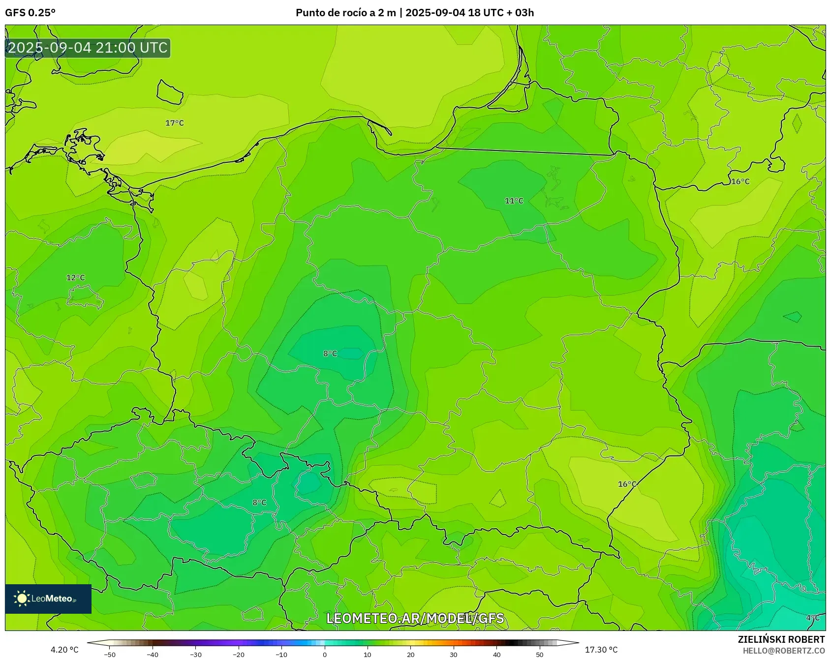 GFS model - Polonia, Punto de rocío a 2 m GFS model - Polonia, Punto de rocío a 2 m