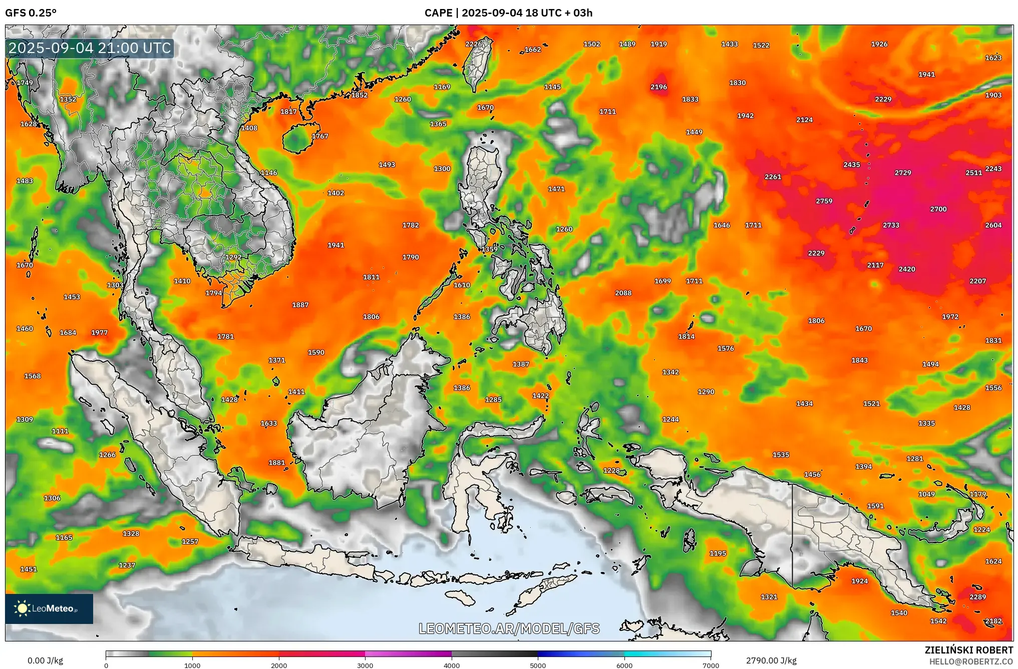 GFS model - Sudeste Asiático, CAPE GFS model - Sudeste Asiático, CAPE