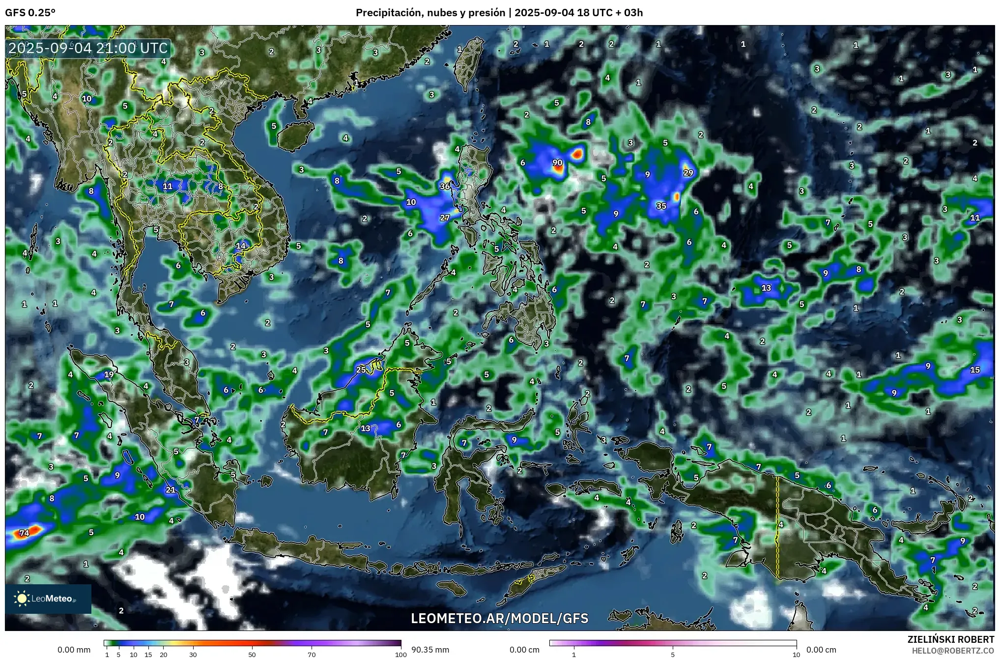 GFS model - Sudeste Asiático, Precipitación, nubes y presión GFS model - Sudeste Asiático, Precipitación, nubes y presión