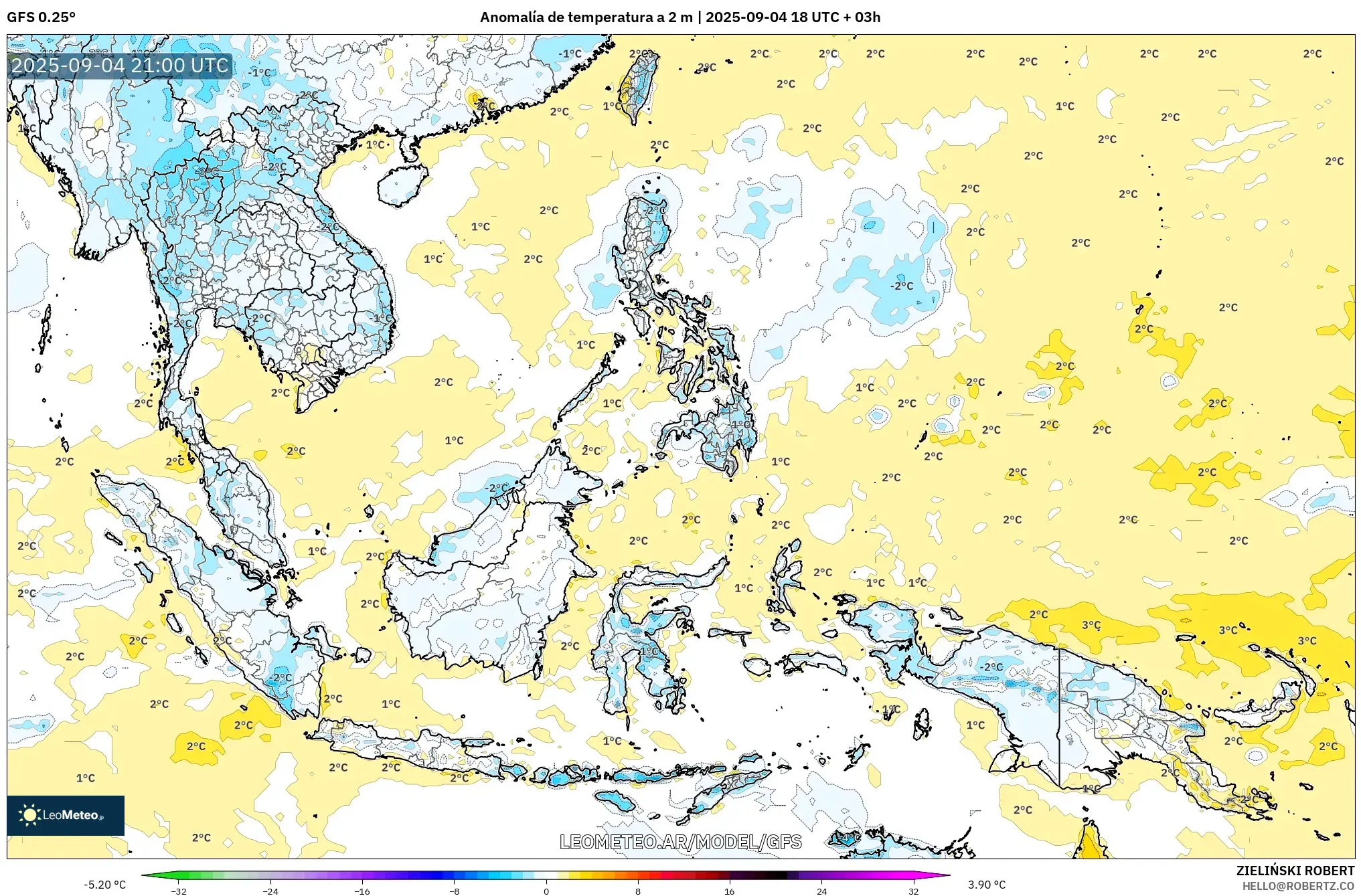 GFS model - Sudeste Asiático, Anomalía de temperatura a 2 m GFS model - Sudeste Asiático, Anomalía de temperatura a 2 m