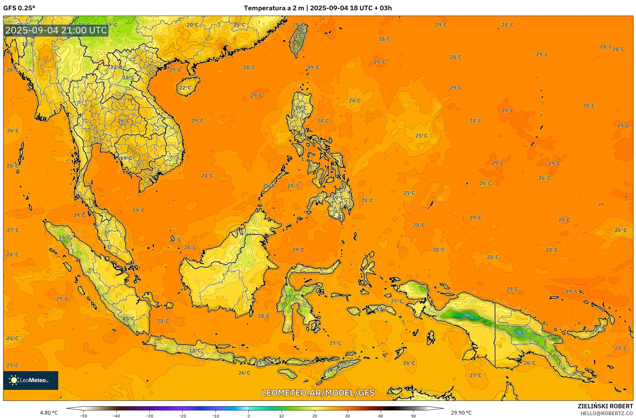 GFS model - Sudeste Asiático, Temperatura a 2 m GFS model - Sudeste Asiático, Temperatura a 2 m