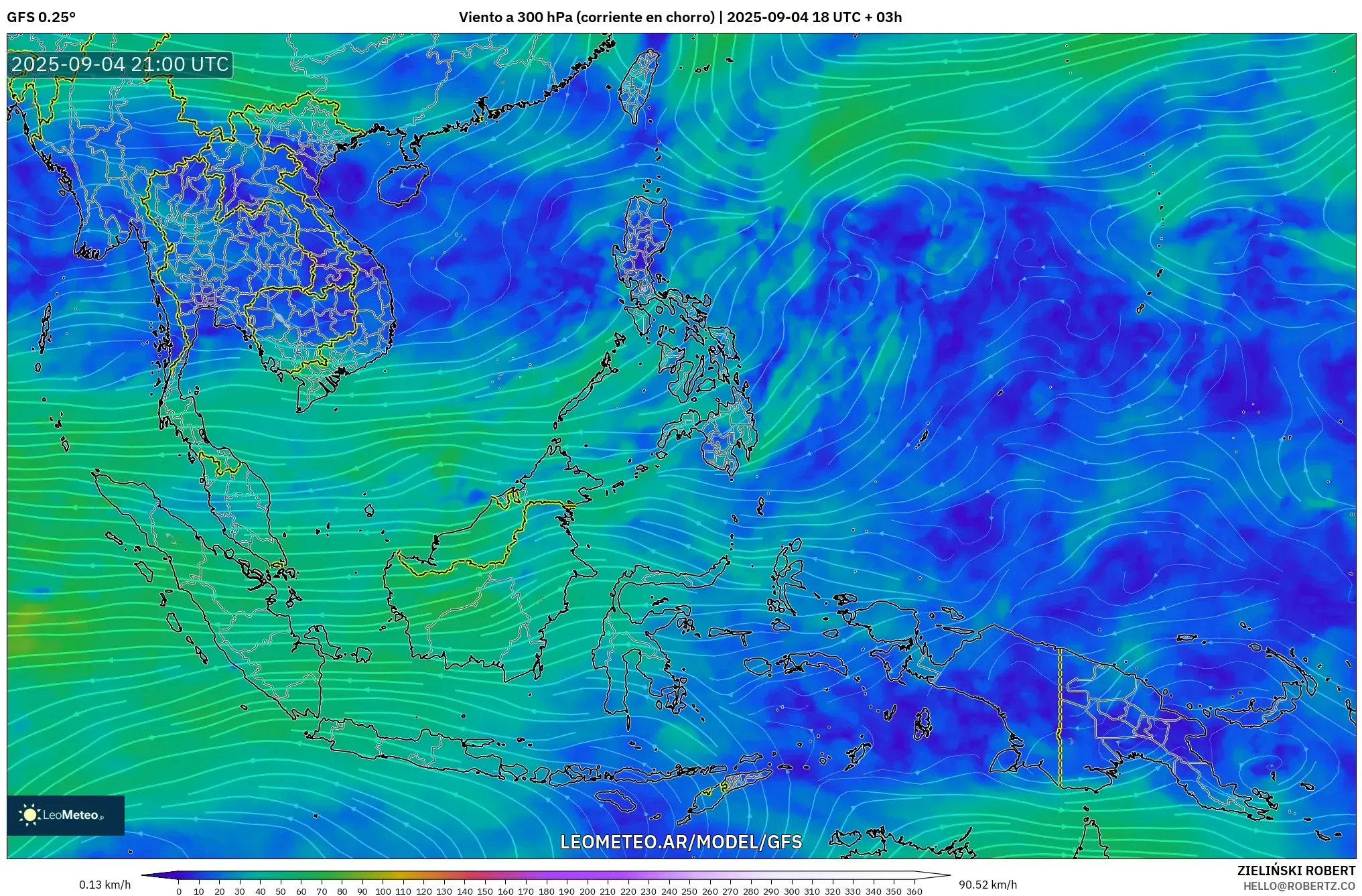GFS model - Sudeste Asiático, Viento a 300 hPa (corriente en chorro) GFS model - Sudeste Asiático, Viento a 300 hPa (corriente en chorro)