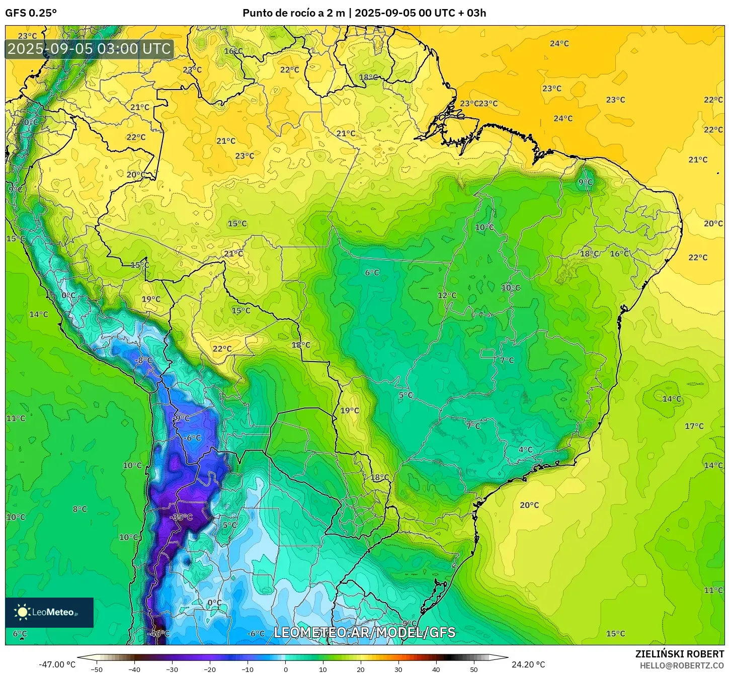 GFS model - Brasil, Punto de rocío a 2 m GFS model - Brasil, Punto de rocío a 2 m