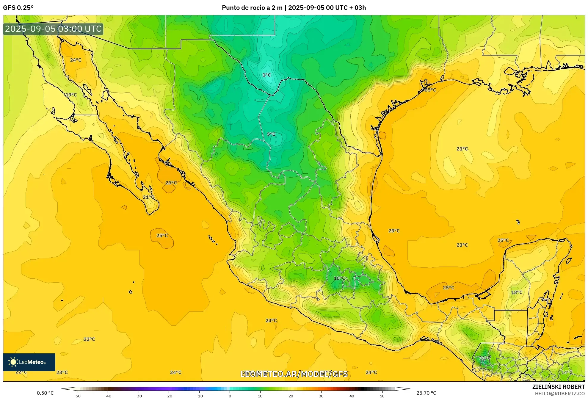 GFS model - México, Punto de rocío a 2 m GFS model - México, Punto de rocío a 2 m