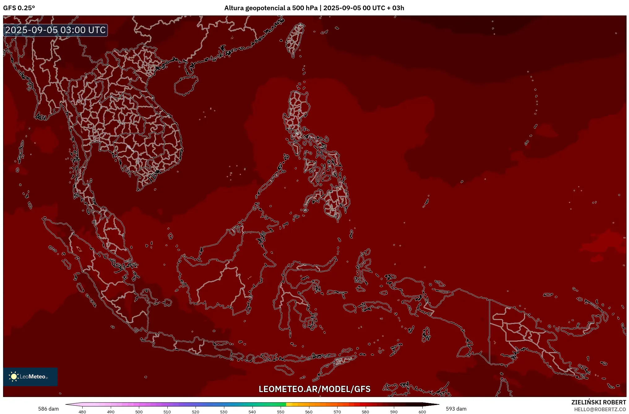 GFS model - Sudeste Asiático, Altura geopotencial a 500 hPa GFS model - Sudeste Asiático, Altura geopotencial a 500 hPa