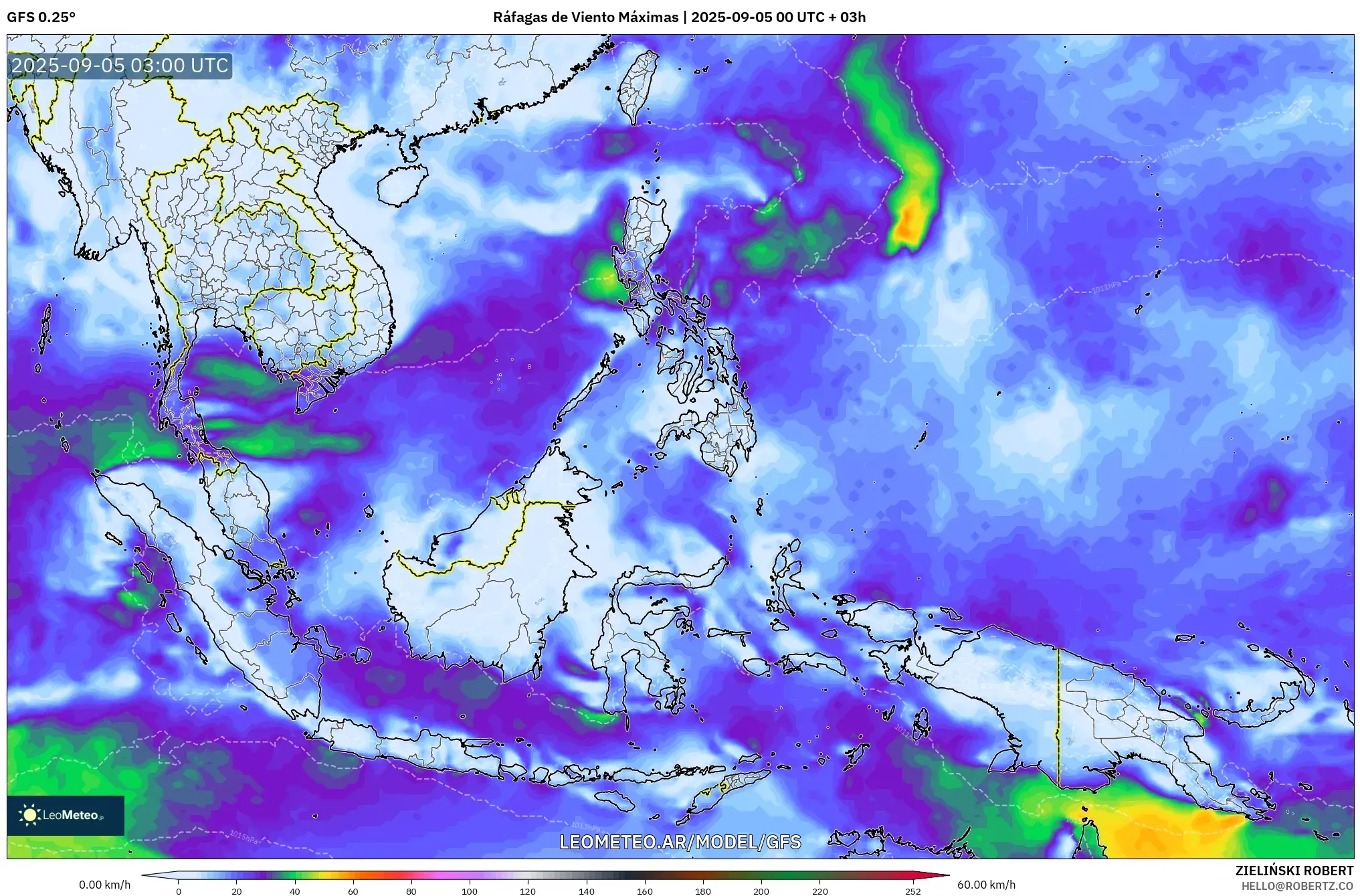 GFS model - Sudeste Asiático, Ráfagas de Viento Máximas GFS model - Sudeste Asiático, Ráfagas de Viento Máximas