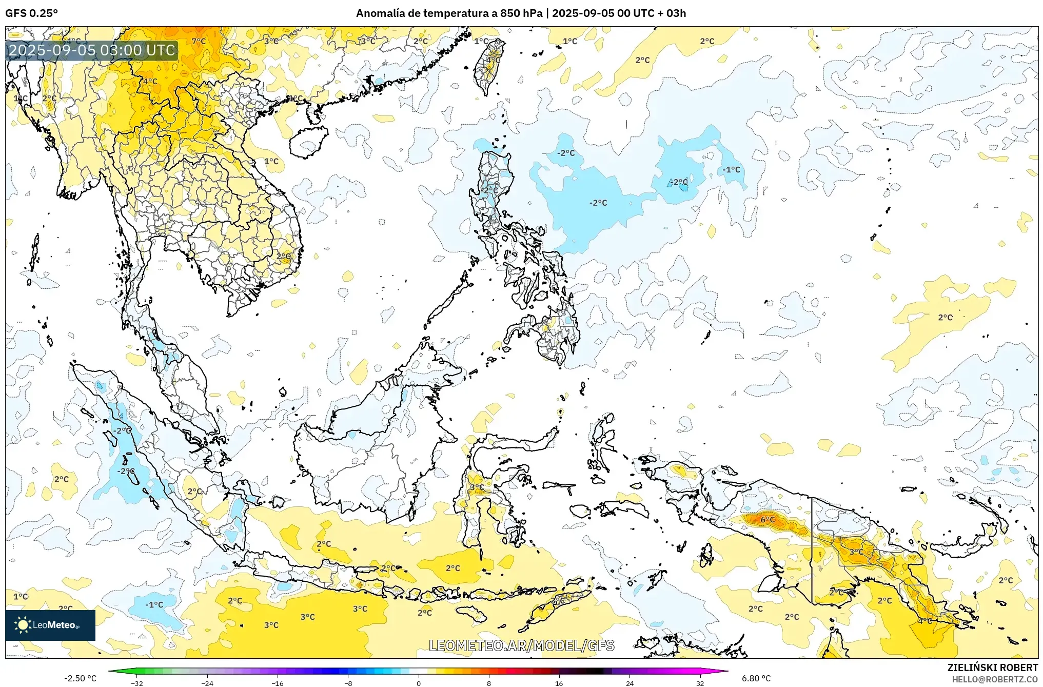 GFS model - Sudeste Asiático, Anomalía de temperatura a 850 hPa GFS model - Sudeste Asiático, Anomalía de temperatura a 850 hPa