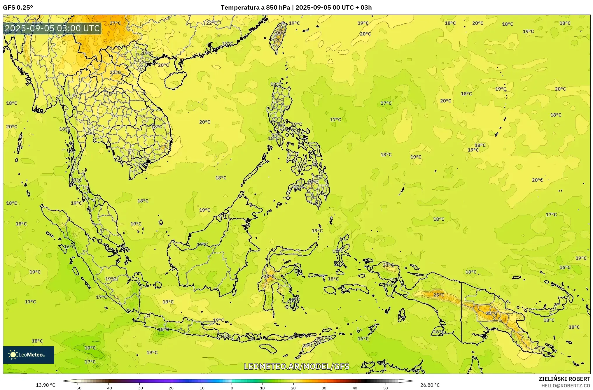 GFS model - Sudeste Asiático, Temperatura a 850 hPa GFS model - Sudeste Asiático, Temperatura a 850 hPa