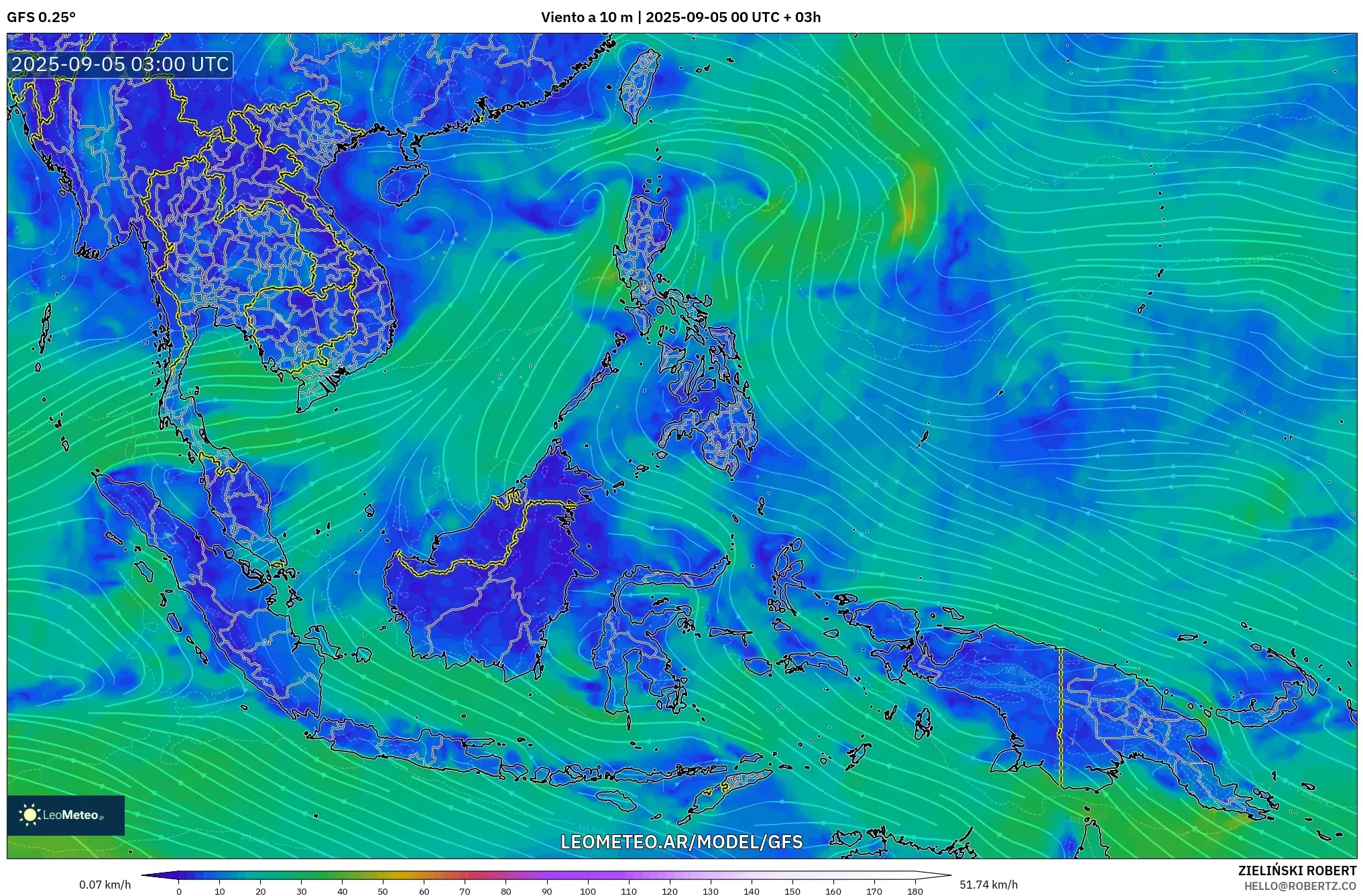GFS model - Sudeste Asiático, Viento a 10 m GFS model - Sudeste Asiático, Viento a 10 m
