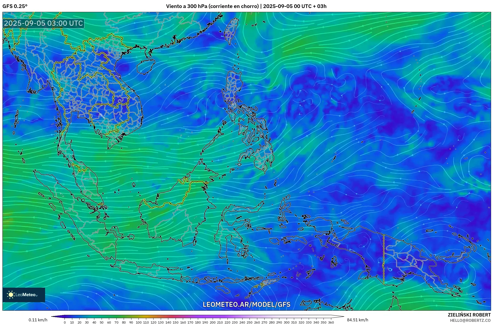 GFS model - Sudeste Asiático, Viento a 300 hPa (corriente en chorro) GFS model - Sudeste Asiático, Viento a 300 hPa (corriente en chorro)