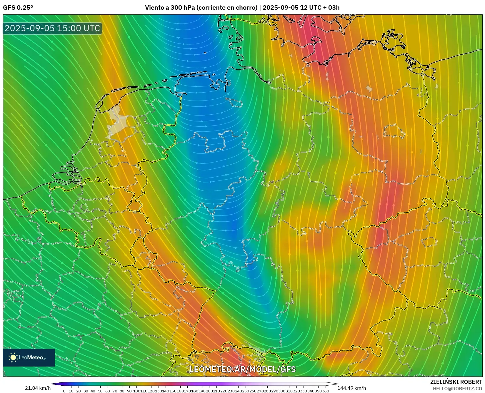 GFS model - Alemania, Viento a 300 hPa (corriente en chorro)