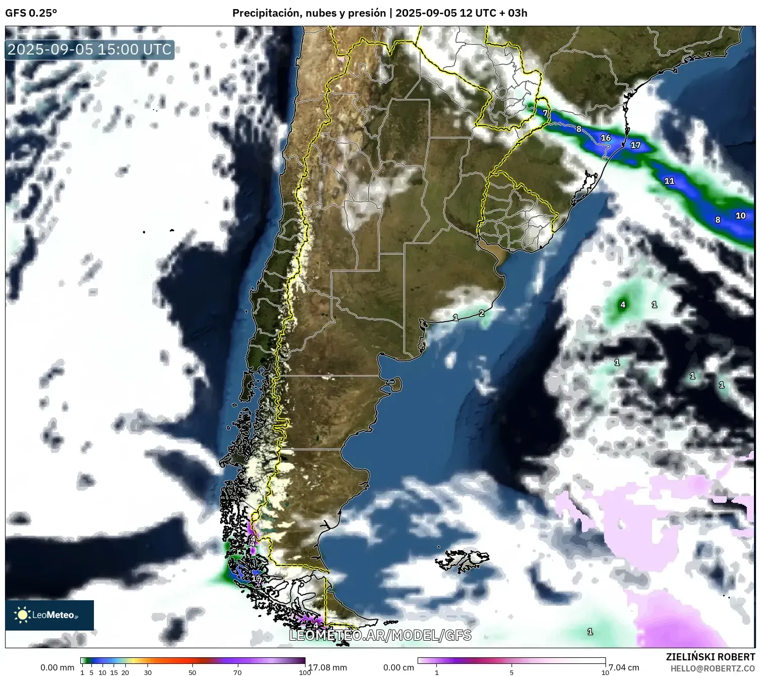 GFS model - Argentina, Precipitación, nubes y presión