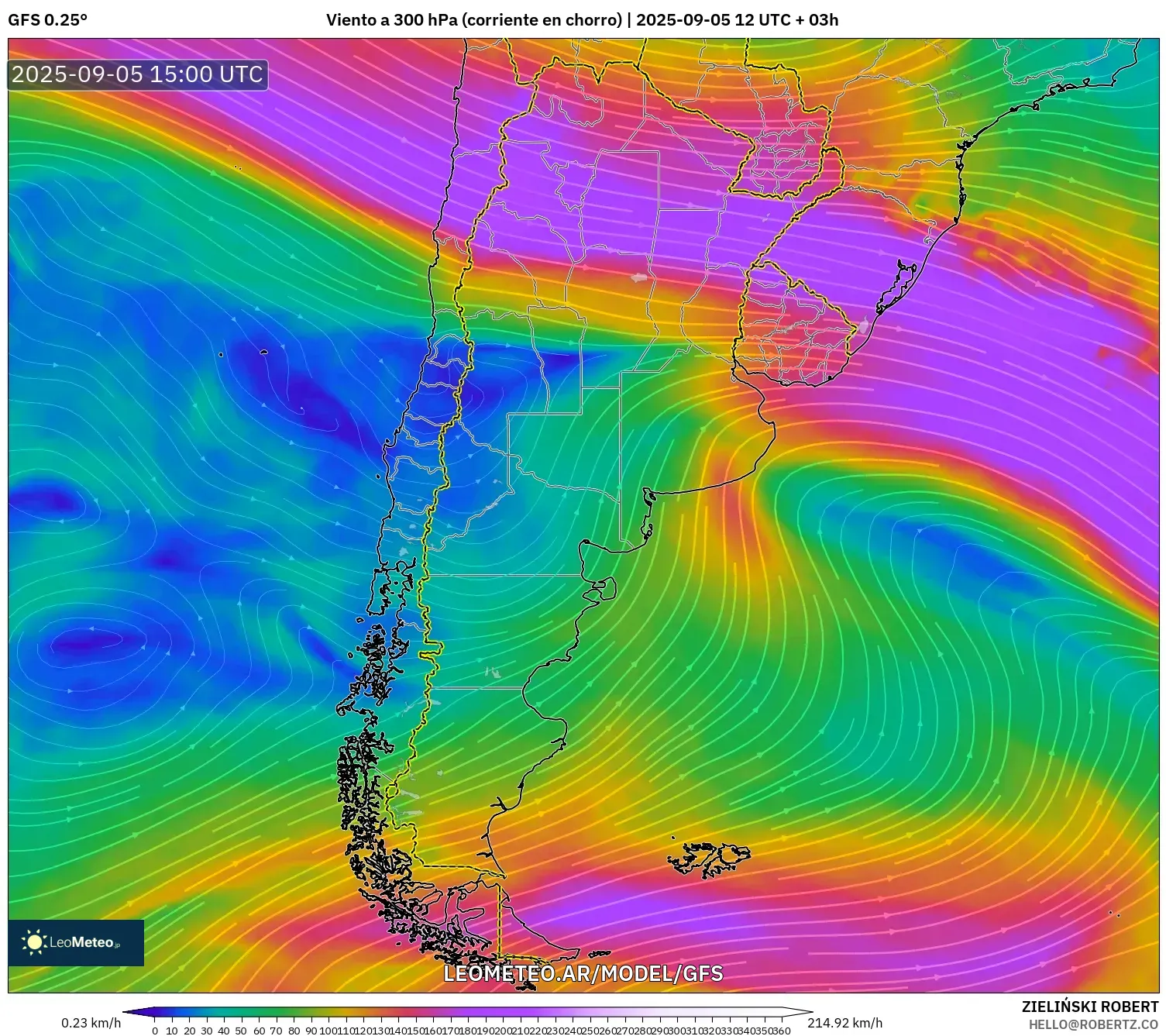 GFS model - Argentina, Viento a 300 hPa (corriente en chorro) GFS model - Argentina, Viento a 300 hPa (corriente en chorro)