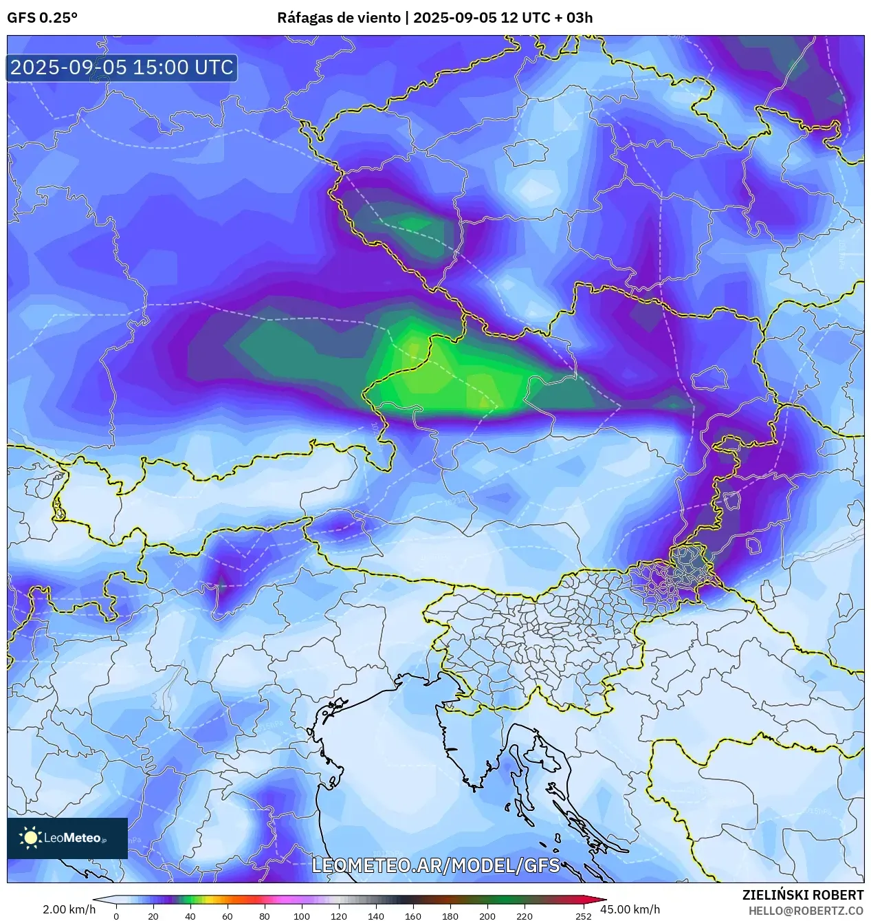 GFS model - Austria, Ráfagas de viento GFS model - Austria, Ráfagas de viento