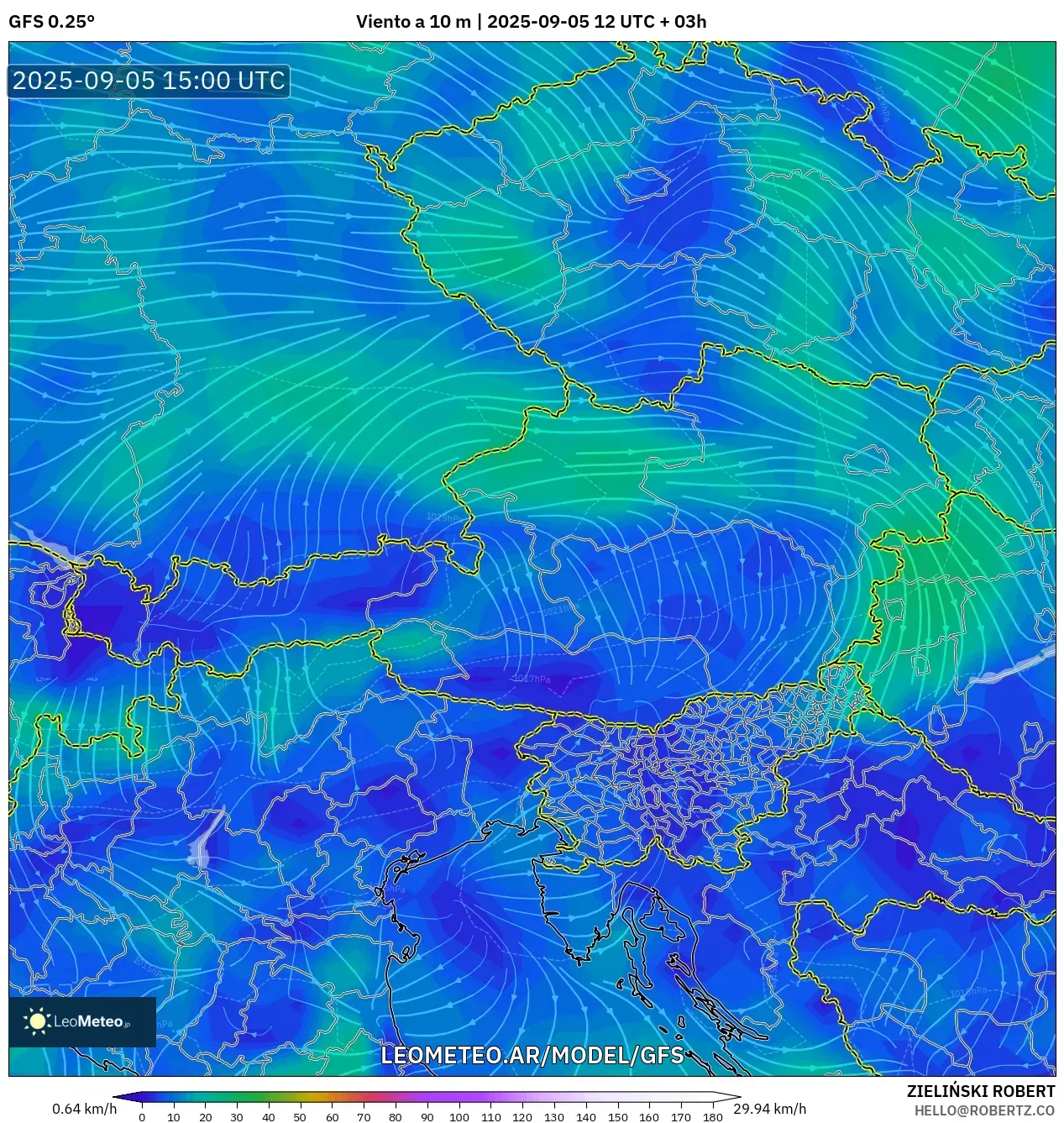 GFS model - Austria, Viento a 10 m