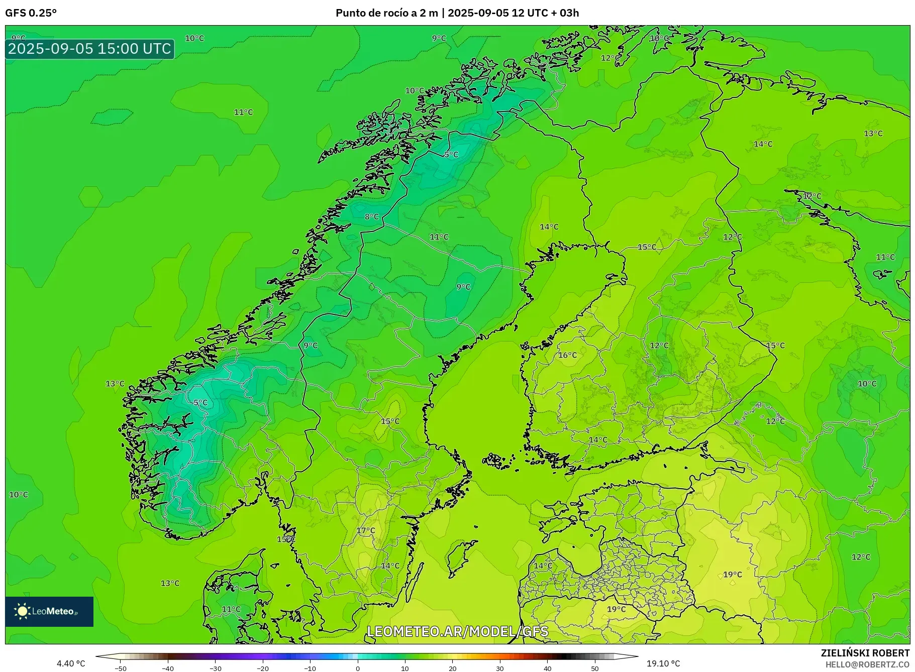 GFS model - Escandinavia, Punto de rocío a 2 m