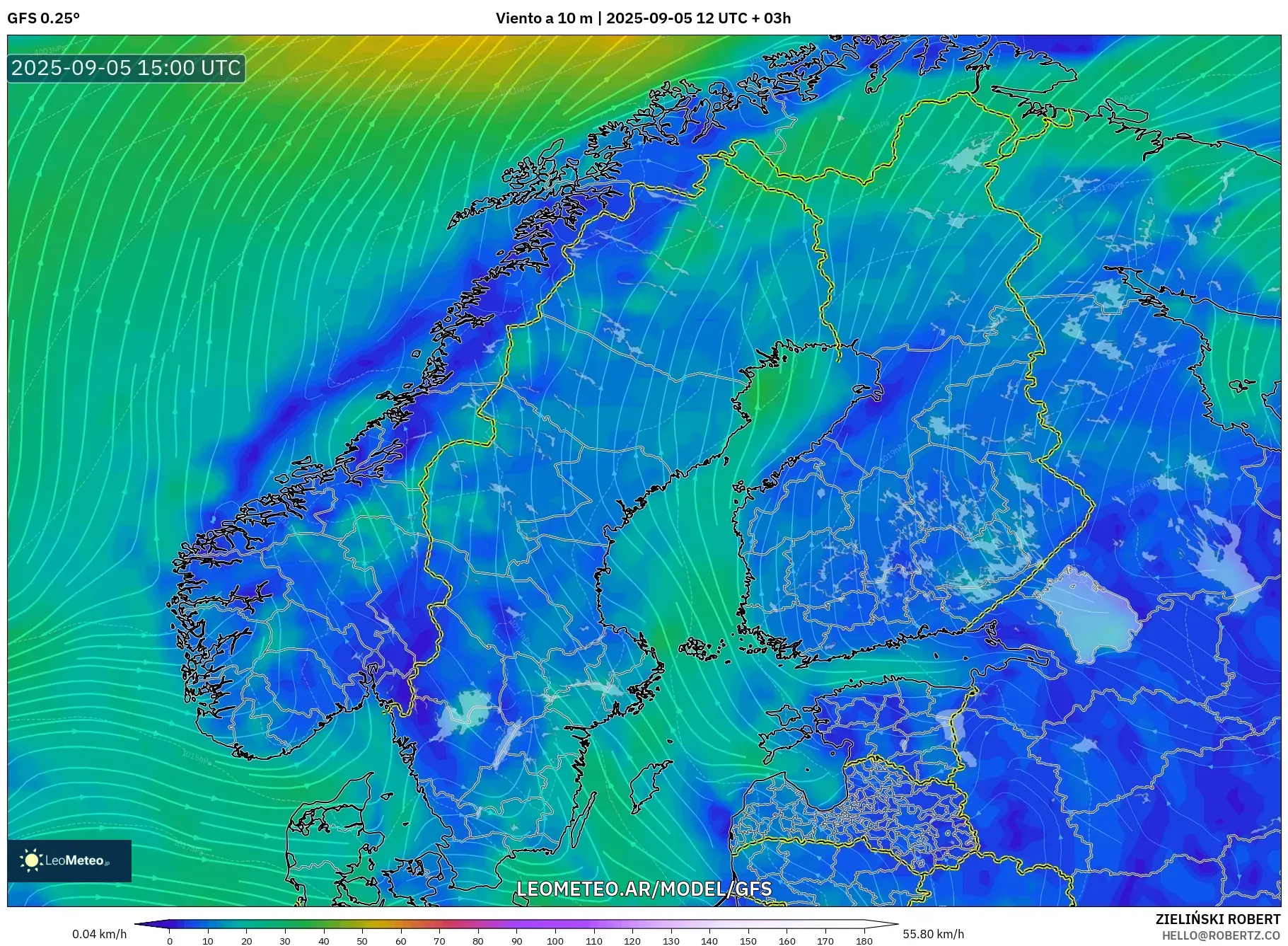 GFS model - Escandinavia, Viento a 10 m