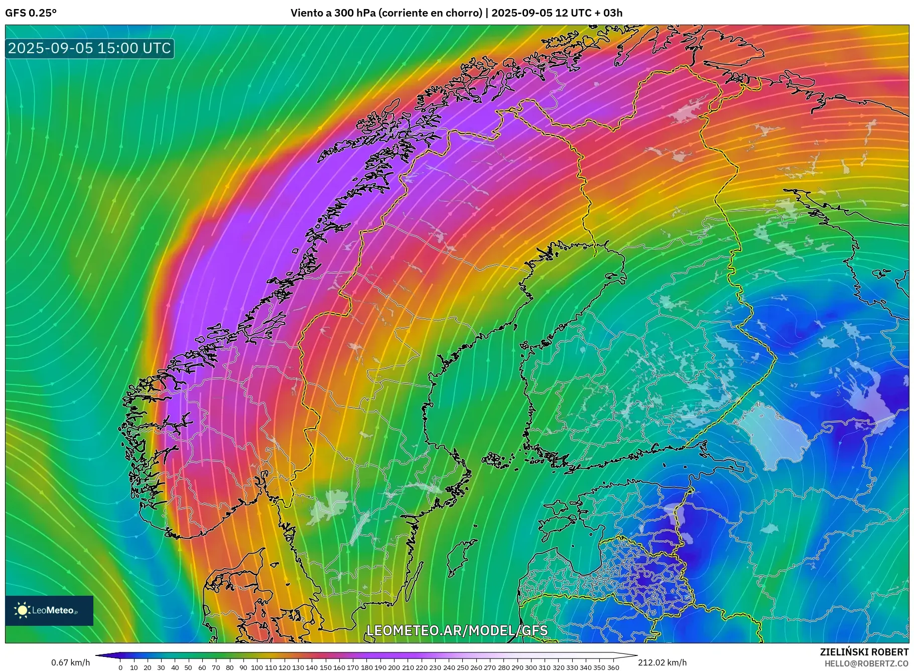 GFS model - Escandinavia, Viento a 300 hPa (corriente en chorro) GFS model - Escandinavia, Viento a 300 hPa (corriente en chorro)