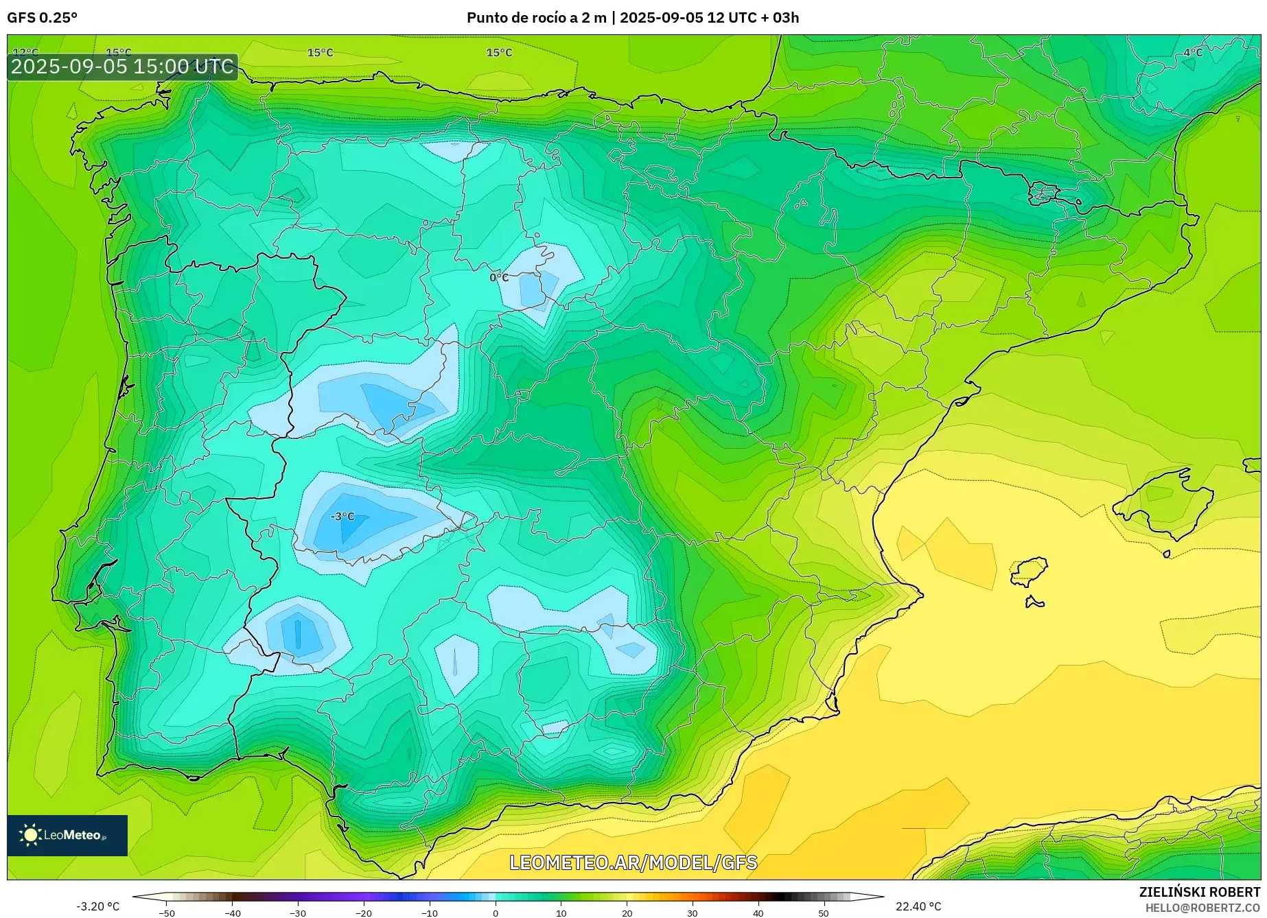 GFS model - España, Punto de rocío a 2 m