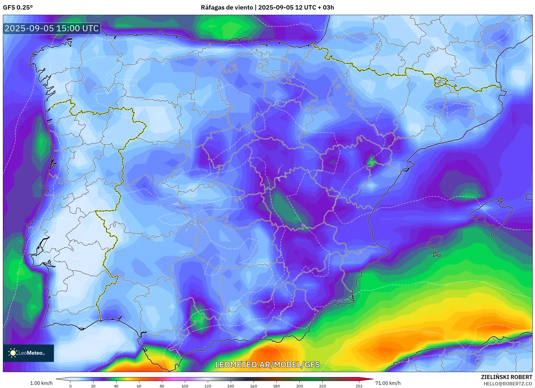 GFS model - España, Ráfagas de viento