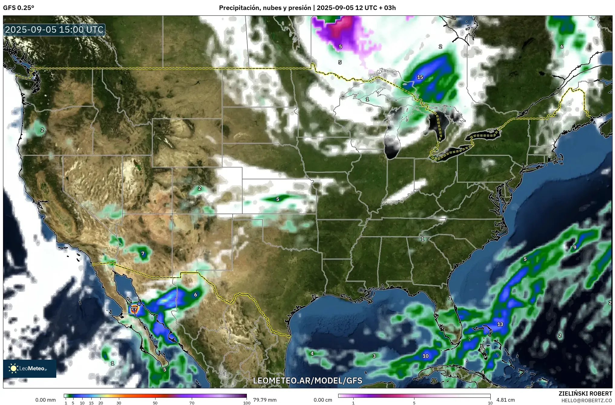 GFS model - Estados Unidos, Precipitación, nubes y presión