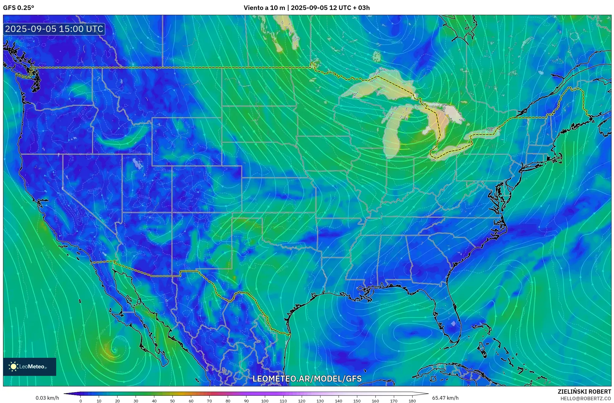 GFS model - Estados Unidos, Viento a 10 m GFS model - Estados Unidos, Viento a 10 m