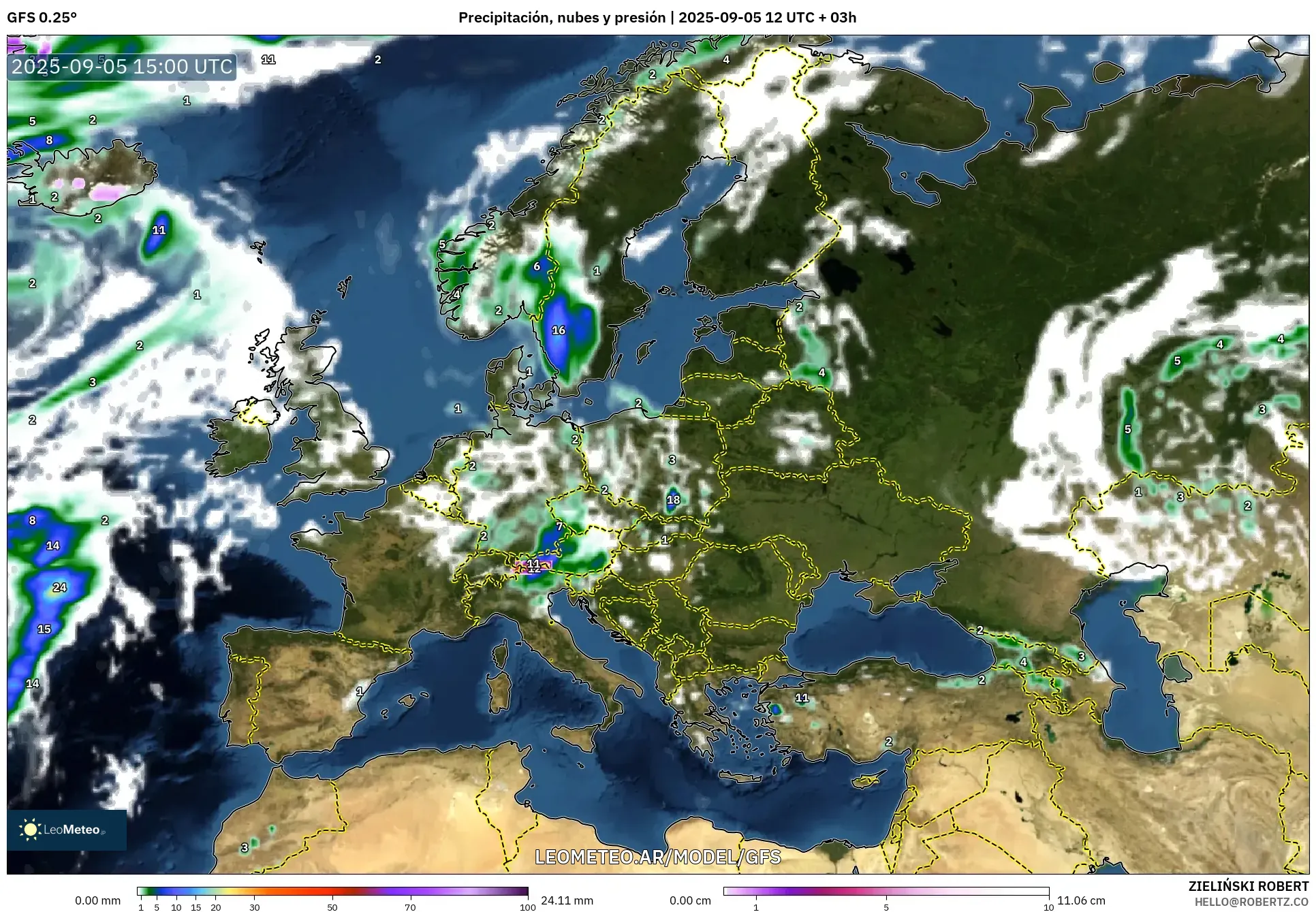 GFS model - Europa, Precipitación, nubes y presión