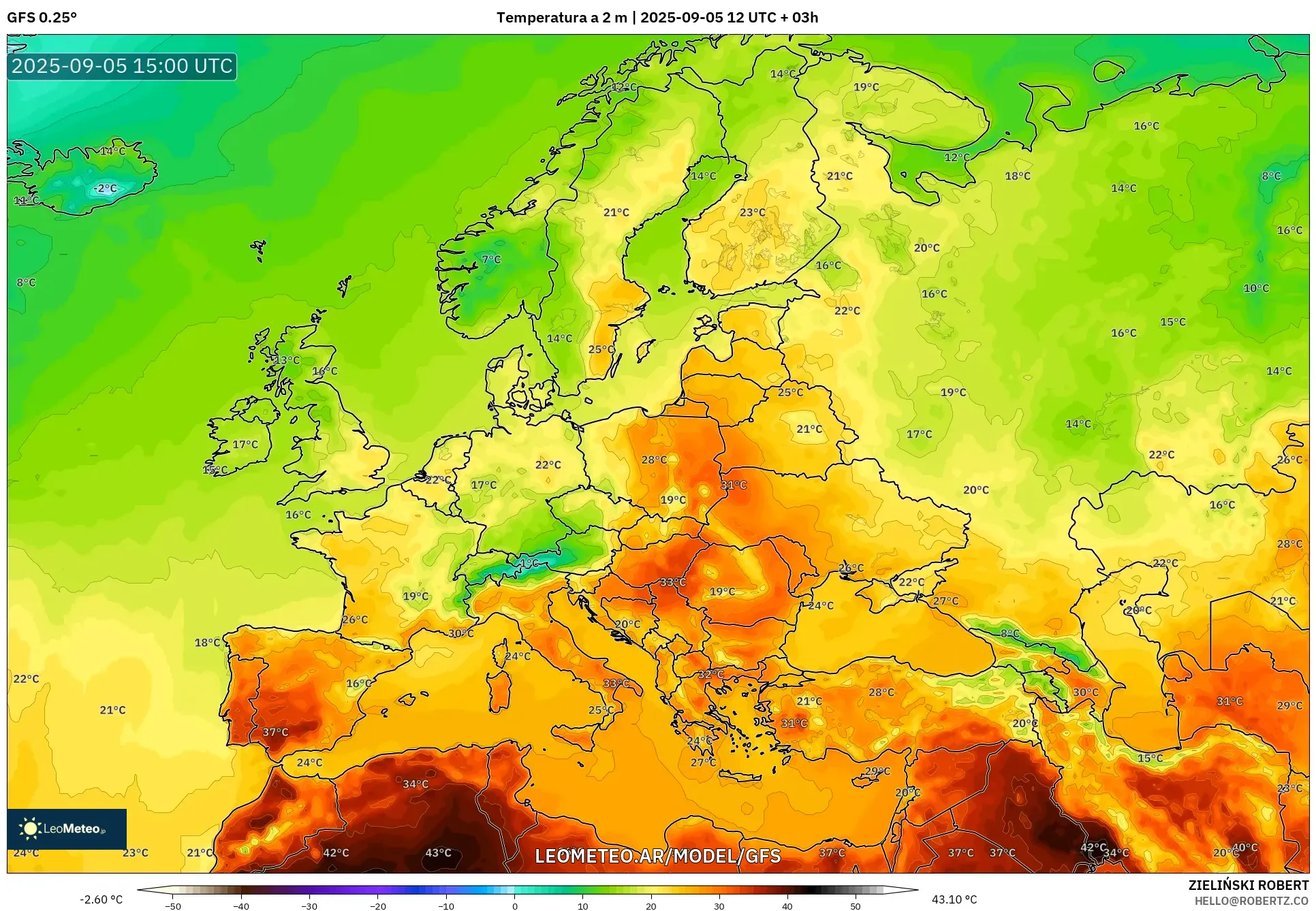 GFS model - Europa, Temperatura a 2 m GFS model - Europa, Temperatura a 2 m