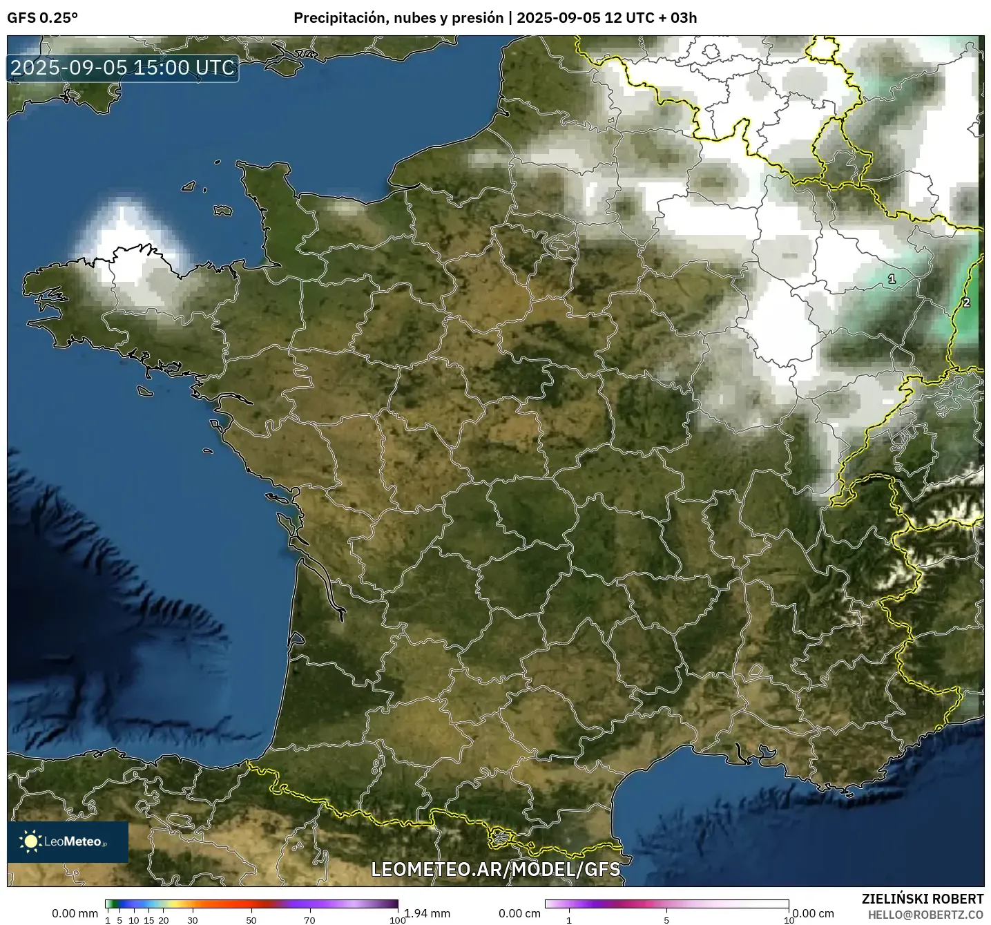 GFS model - Francia, Precipitación, nubes y presión