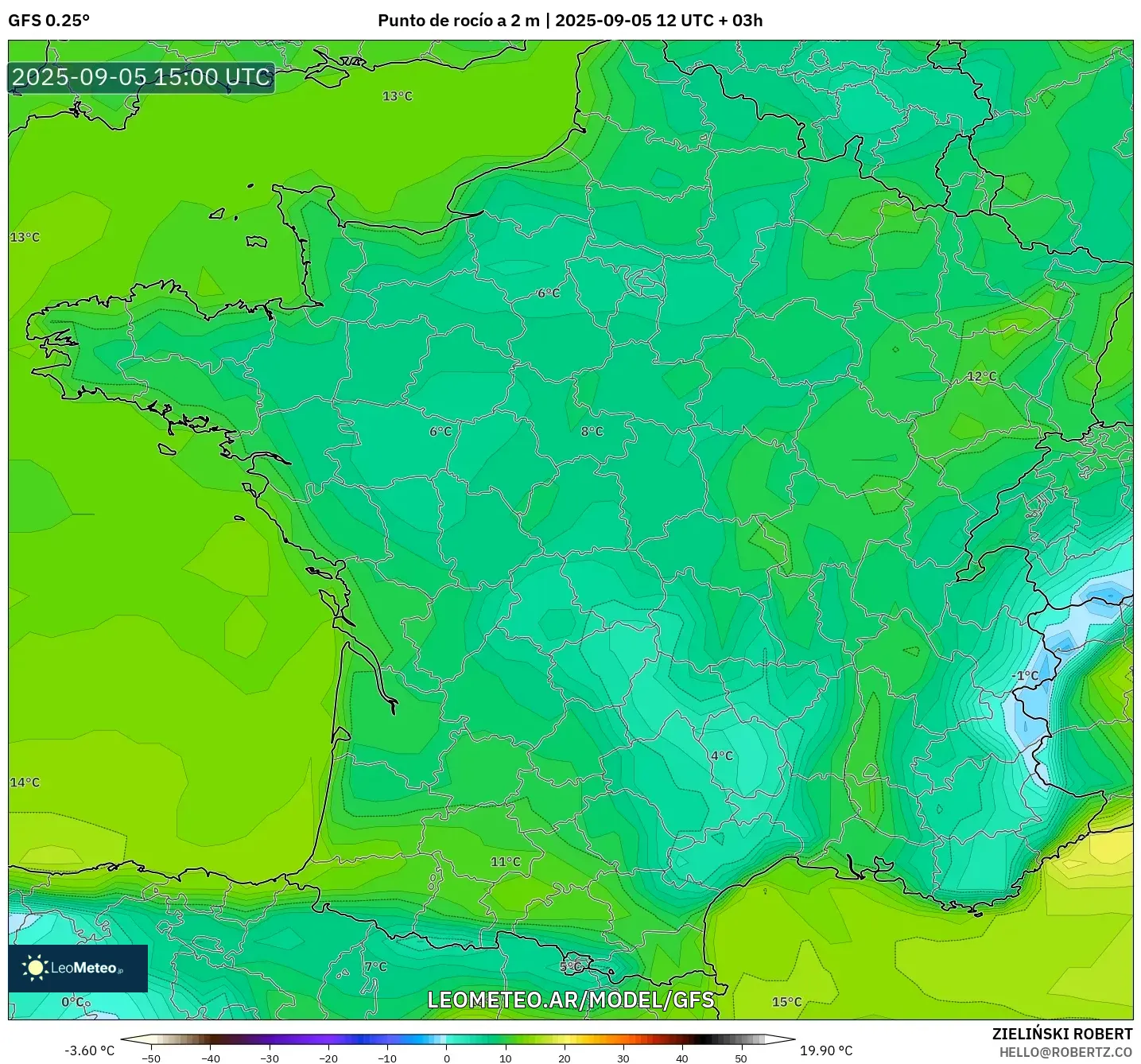 GFS model - Francia, Punto de rocío a 2 m