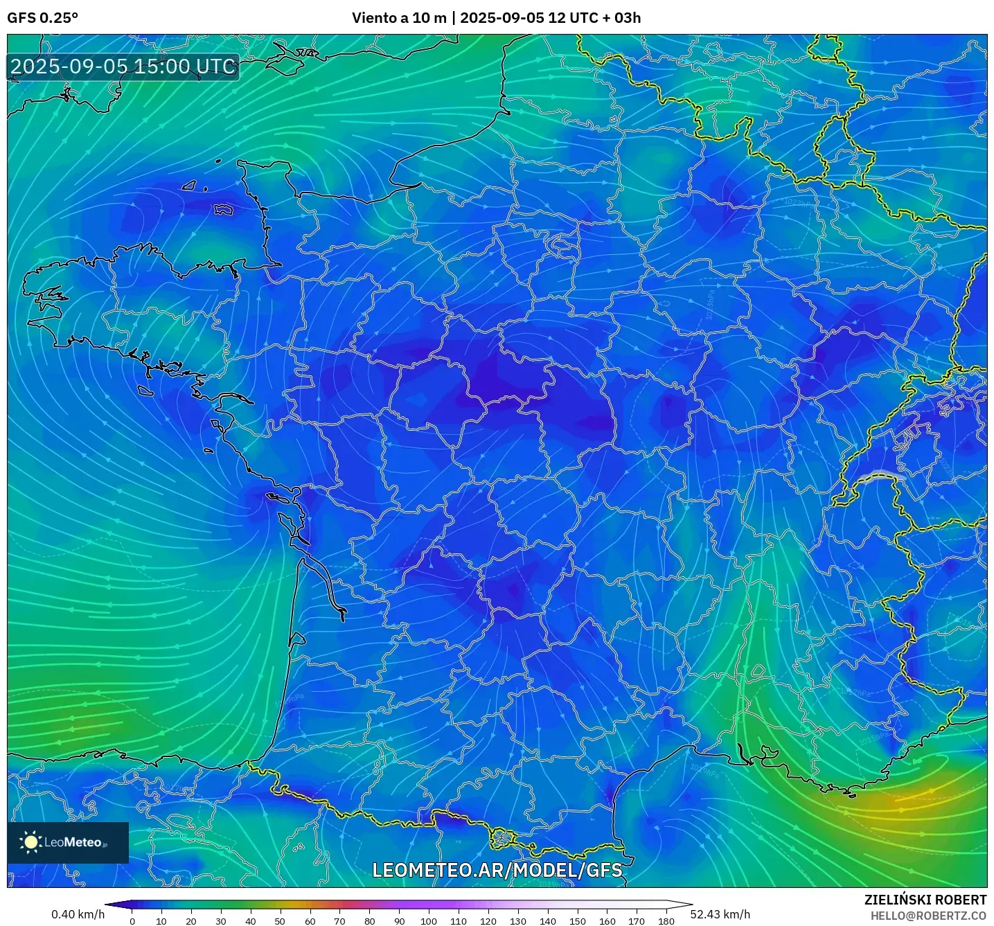 GFS model - Francia, Viento a 10 m GFS model - Francia, Viento a 10 m