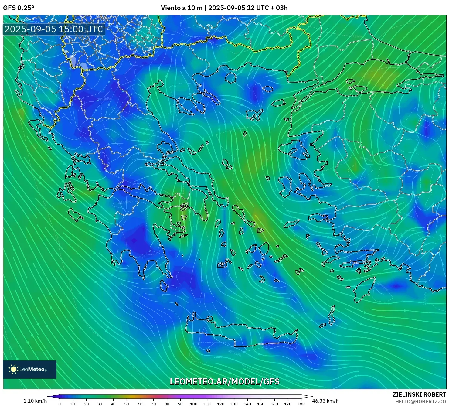 GFS model - Grecia, Viento a 10 m GFS model - Grecia, Viento a 10 m
