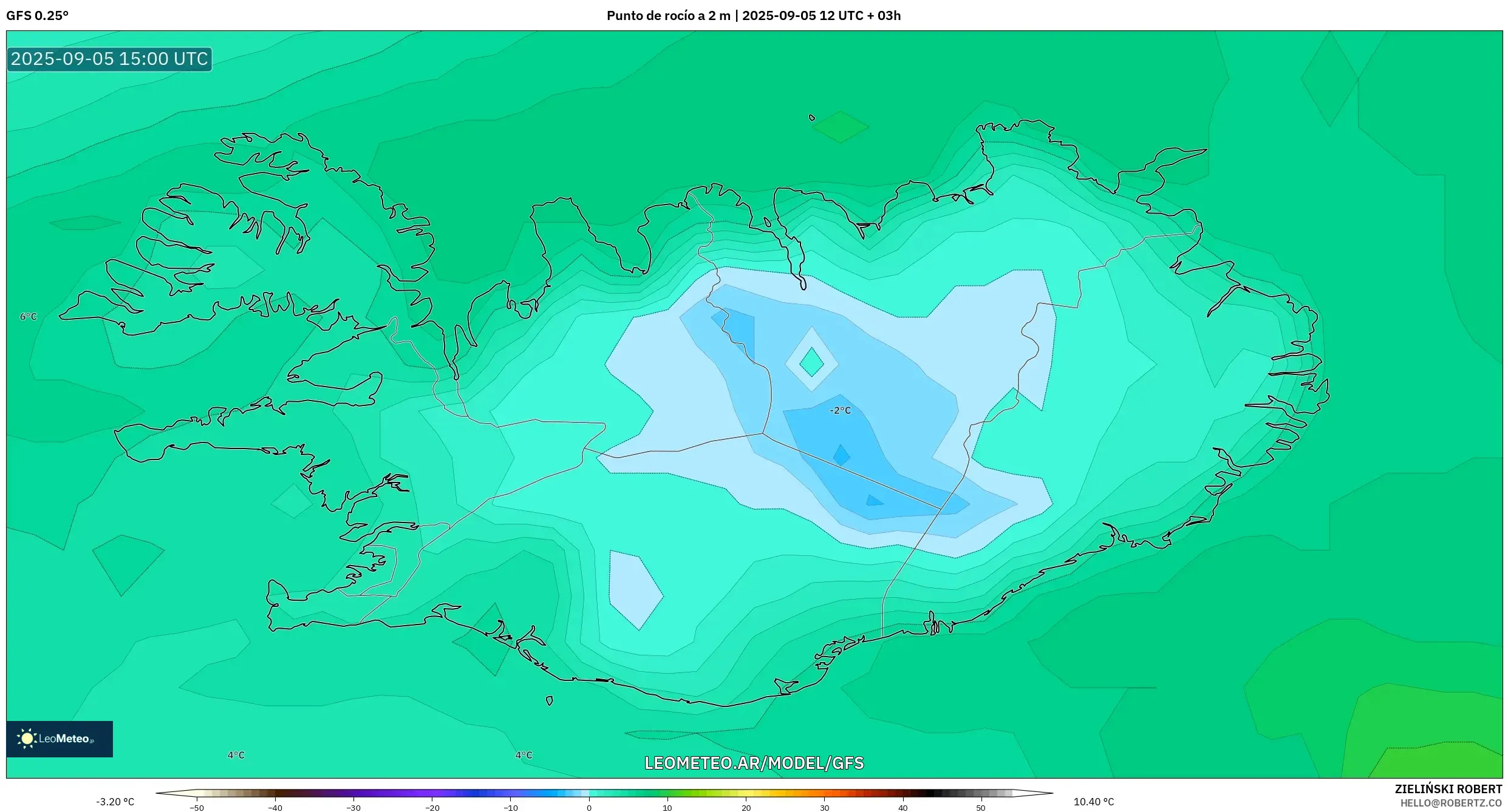 GFS model - Islandia, Punto de rocío a 2 m GFS model - Islandia, Punto de rocío a 2 m