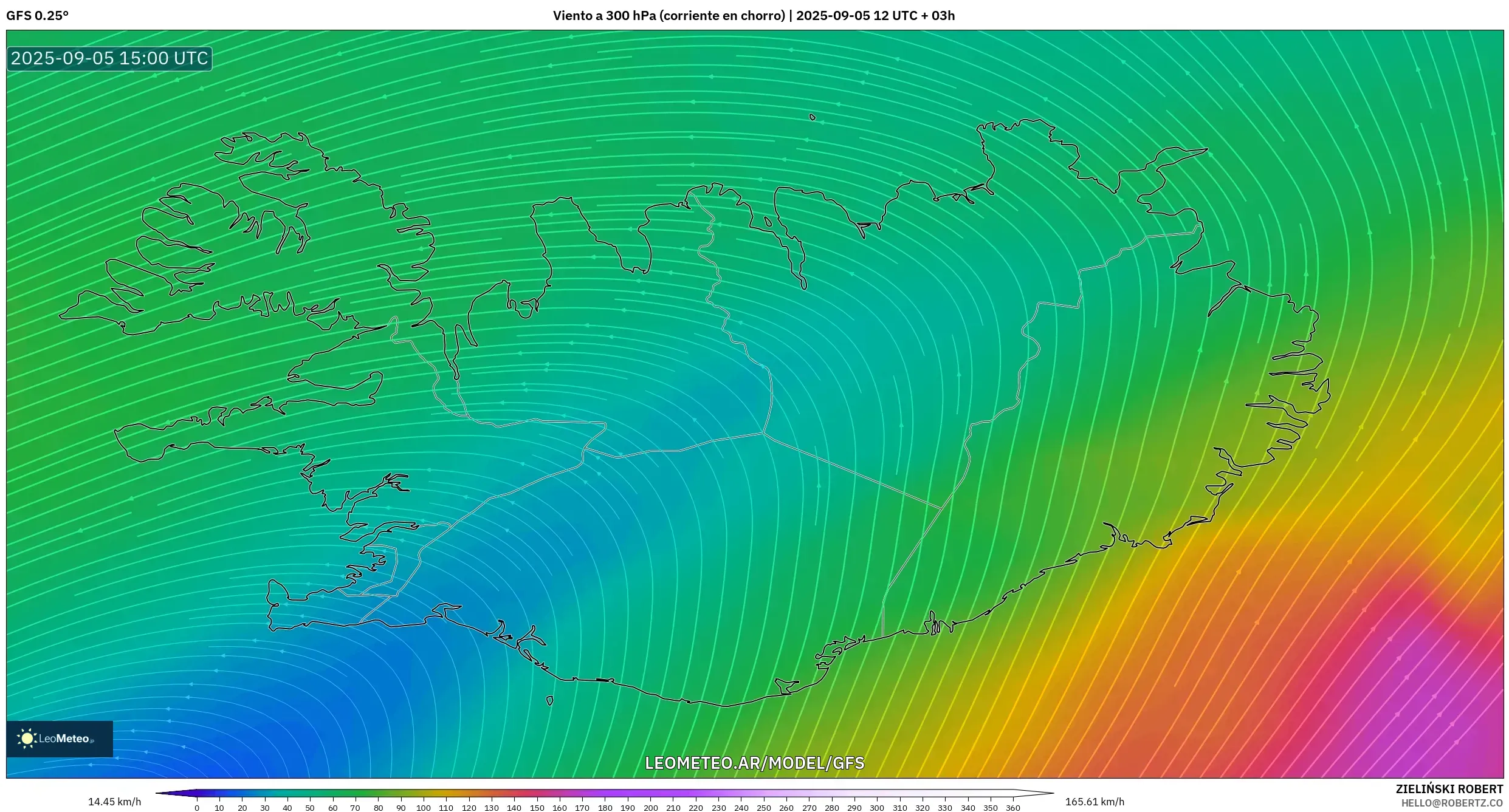 GFS model - Islandia, Viento a 300 hPa (corriente en chorro)