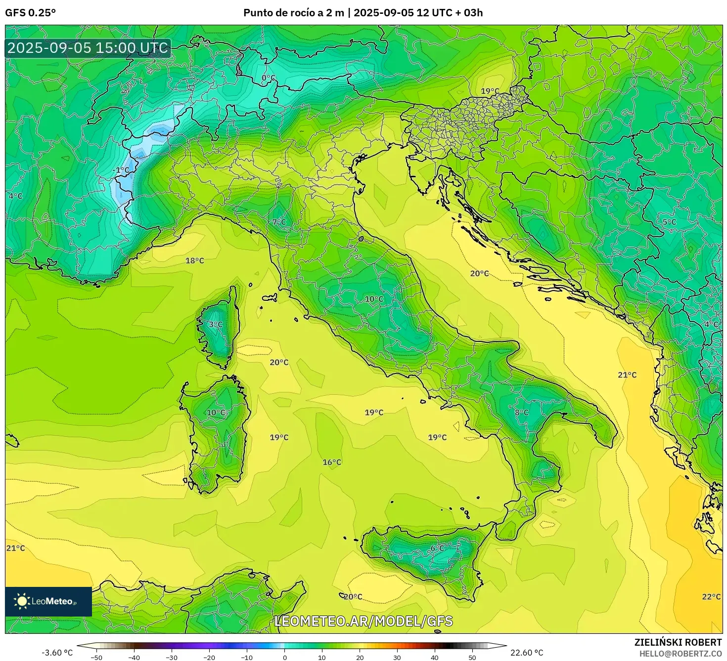 GFS model - Italia, Punto de rocío a 2 m