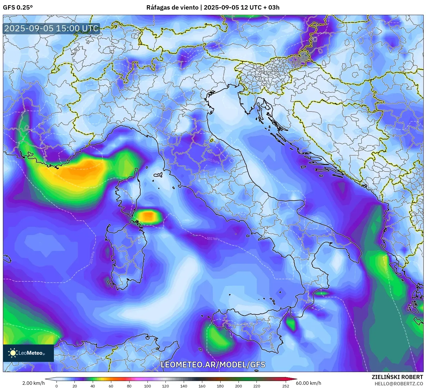 GFS model - Italia, Ráfagas de viento