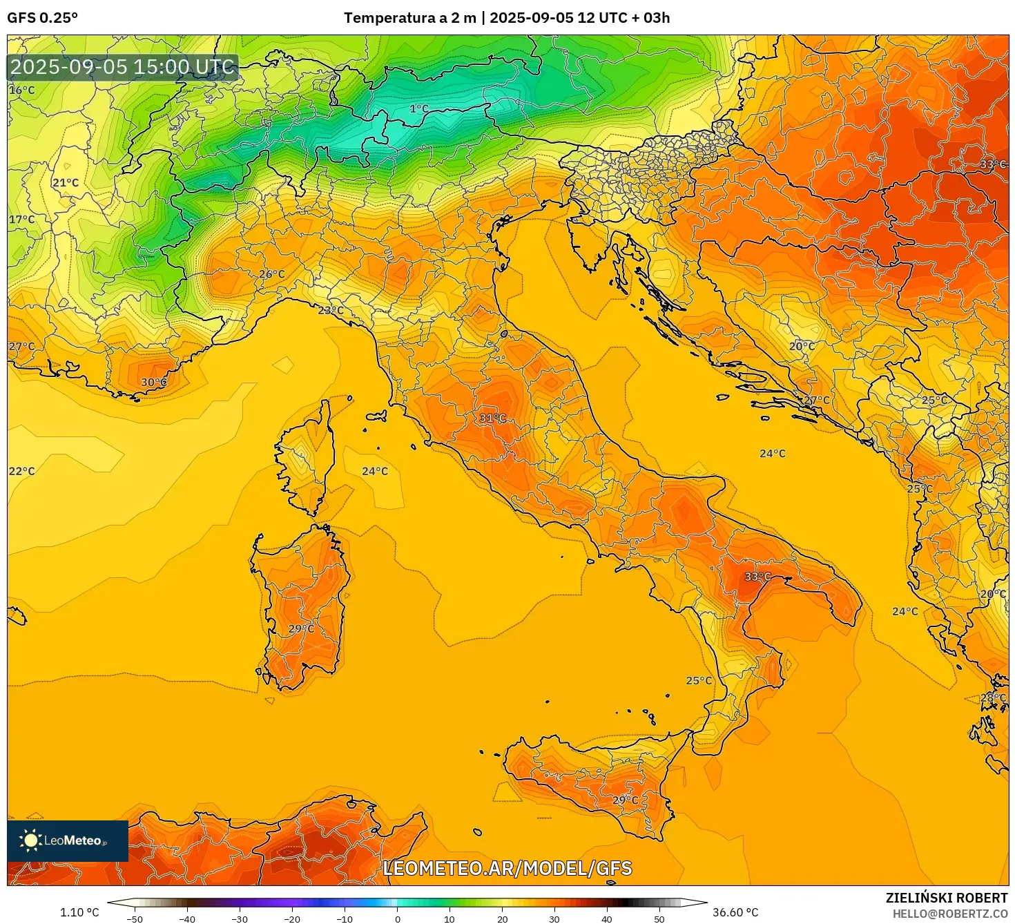 GFS model - Italia, Temperatura a 2 m GFS model - Italia, Temperatura a 2 m
