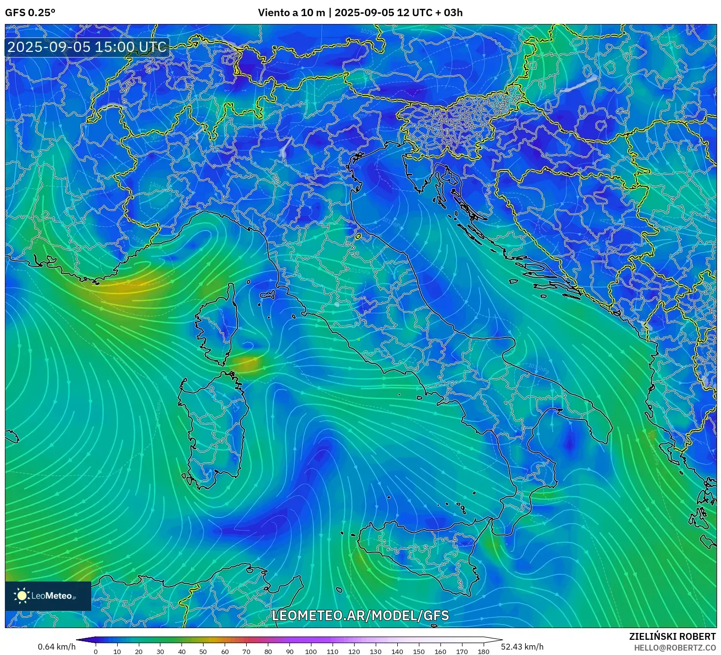 GFS model - Italia, Viento a 10 m