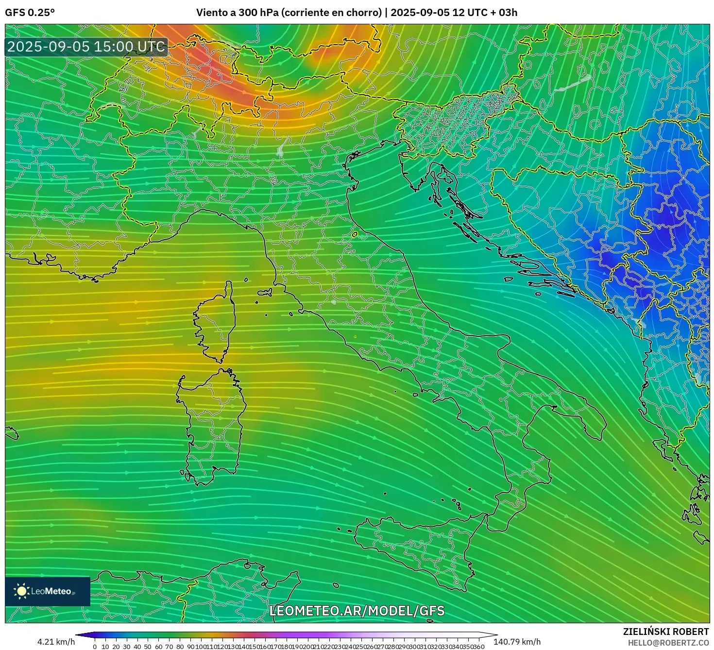 GFS model - Italia, Viento a 300 hPa (corriente en chorro) GFS model - Italia, Viento a 300 hPa (corriente en chorro)