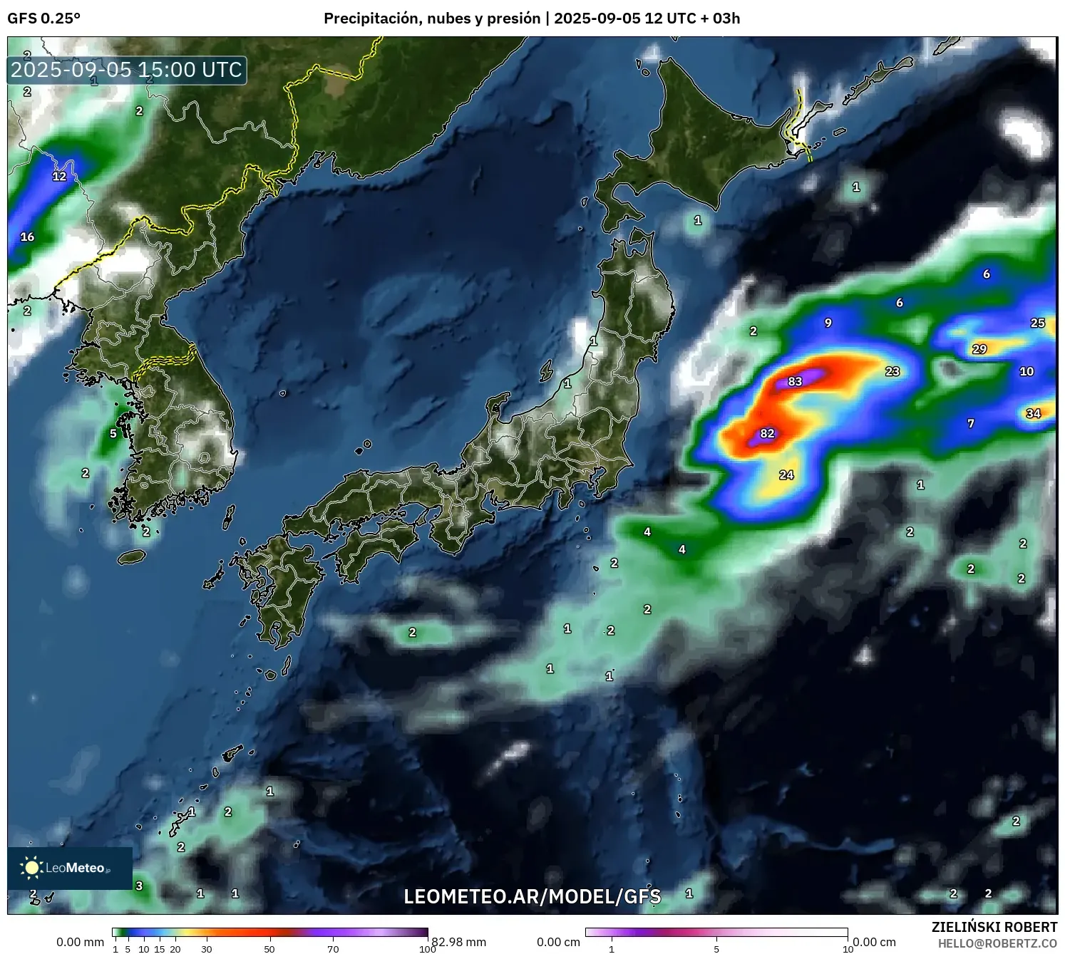 GFS model - Japón, Precipitación, nubes y presión