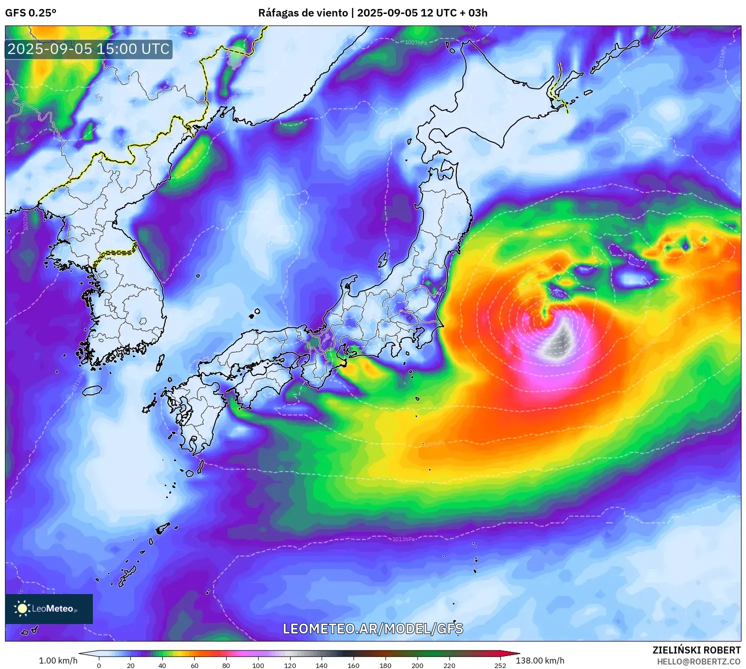 GFS model - Japón, Ráfagas de viento GFS model - Japón, Ráfagas de viento