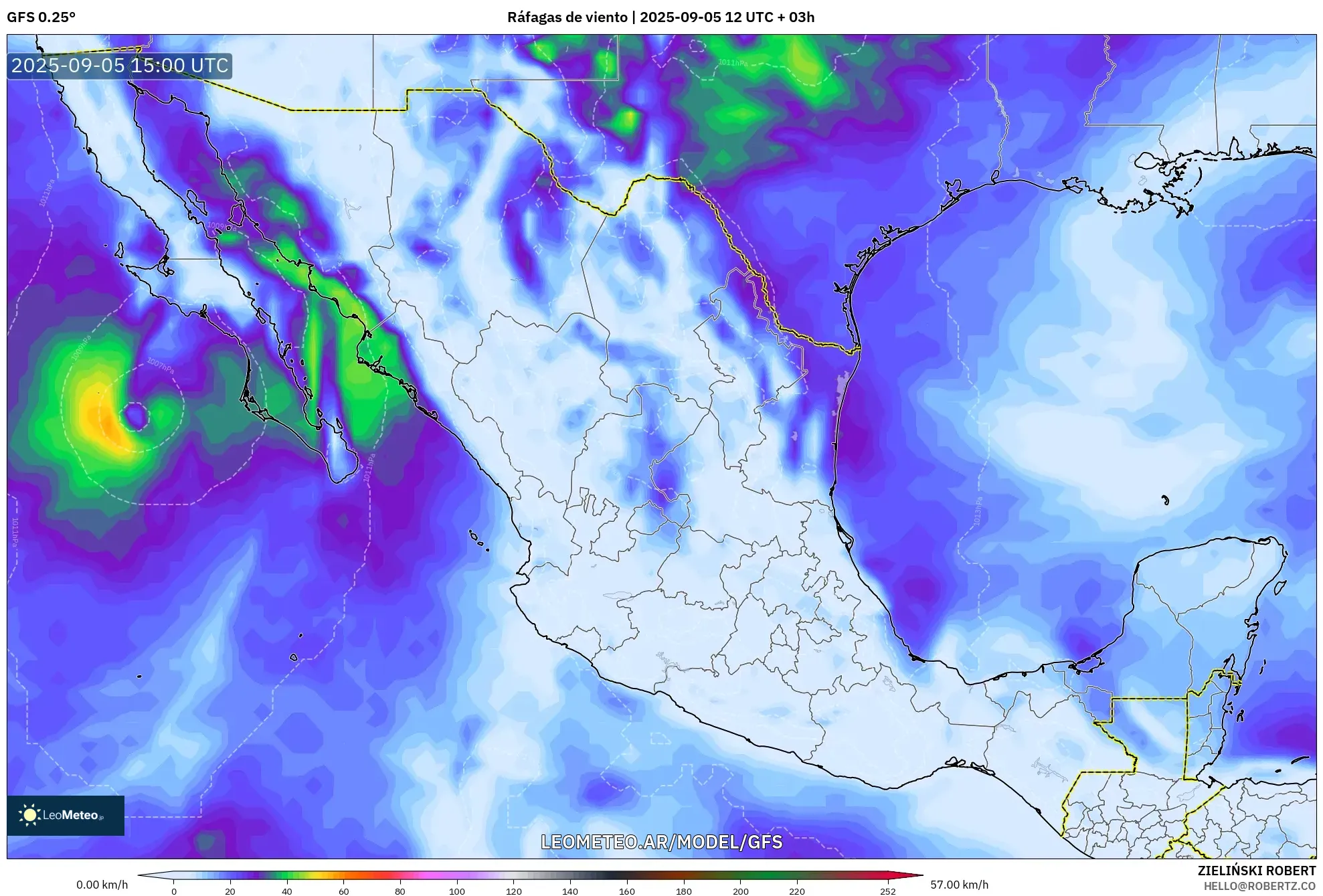 GFS model - México, Ráfagas de viento