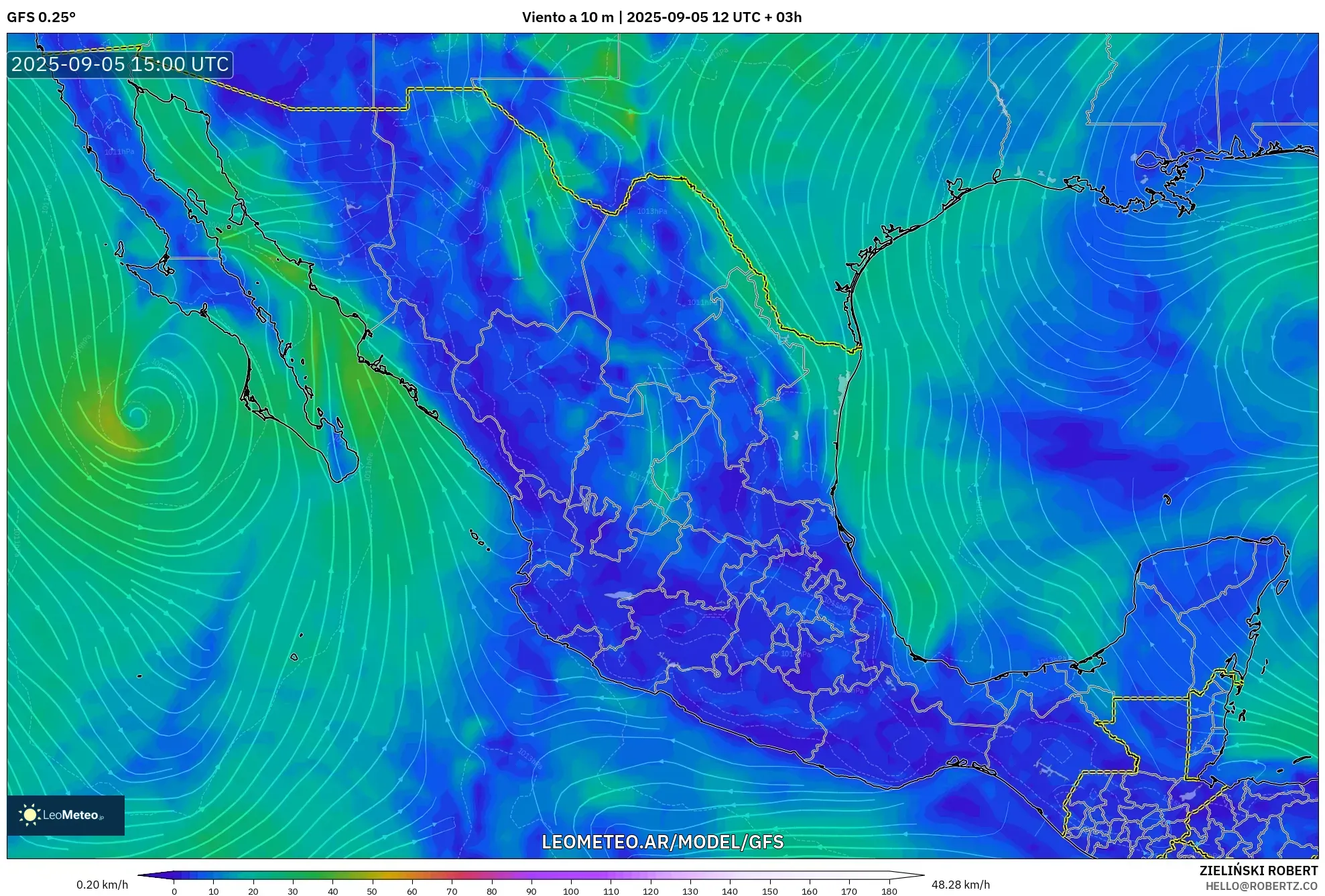 GFS model - México, Viento a 10 m