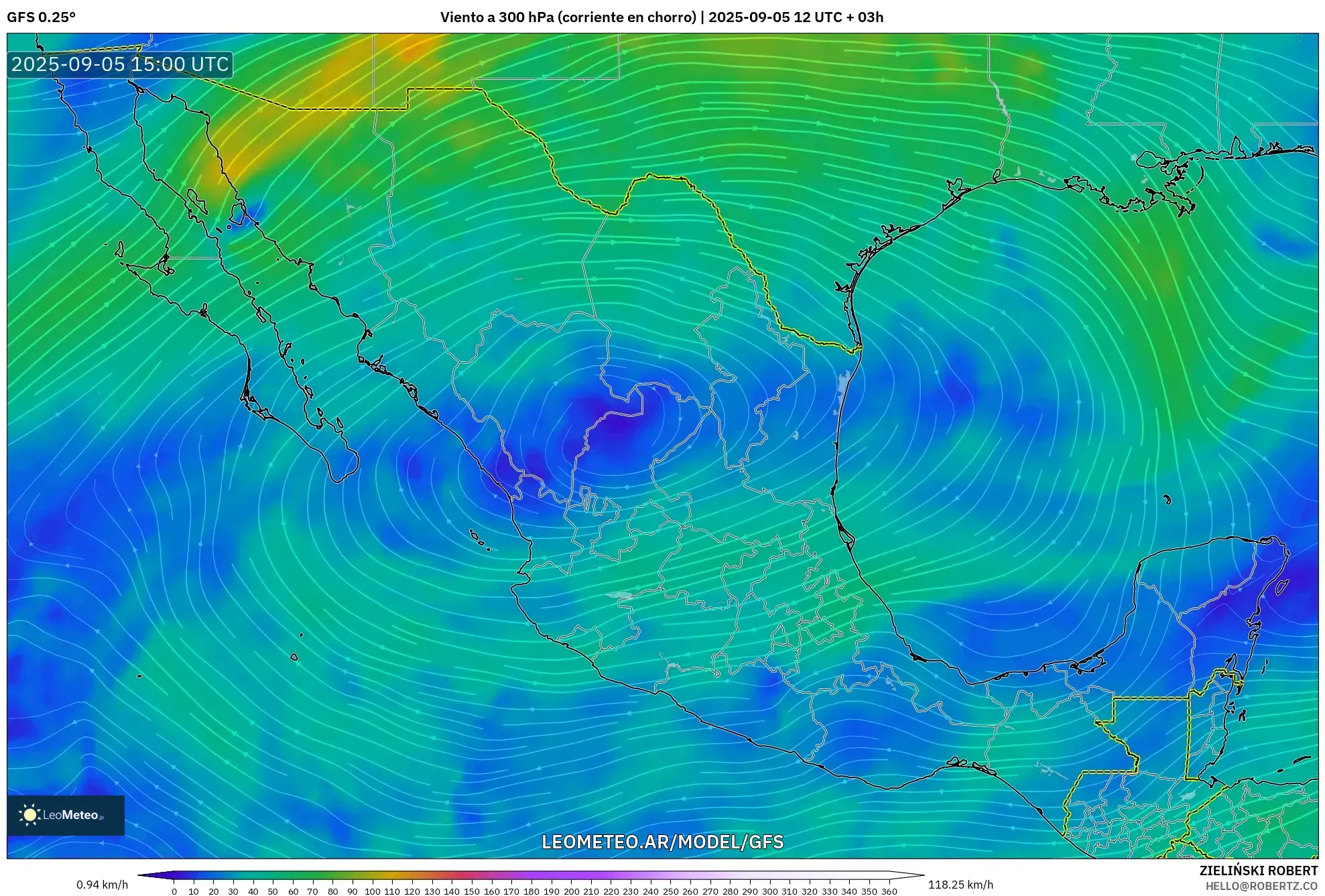 GFS model - México, Viento a 300 hPa (corriente en chorro) GFS model - México, Viento a 300 hPa (corriente en chorro)