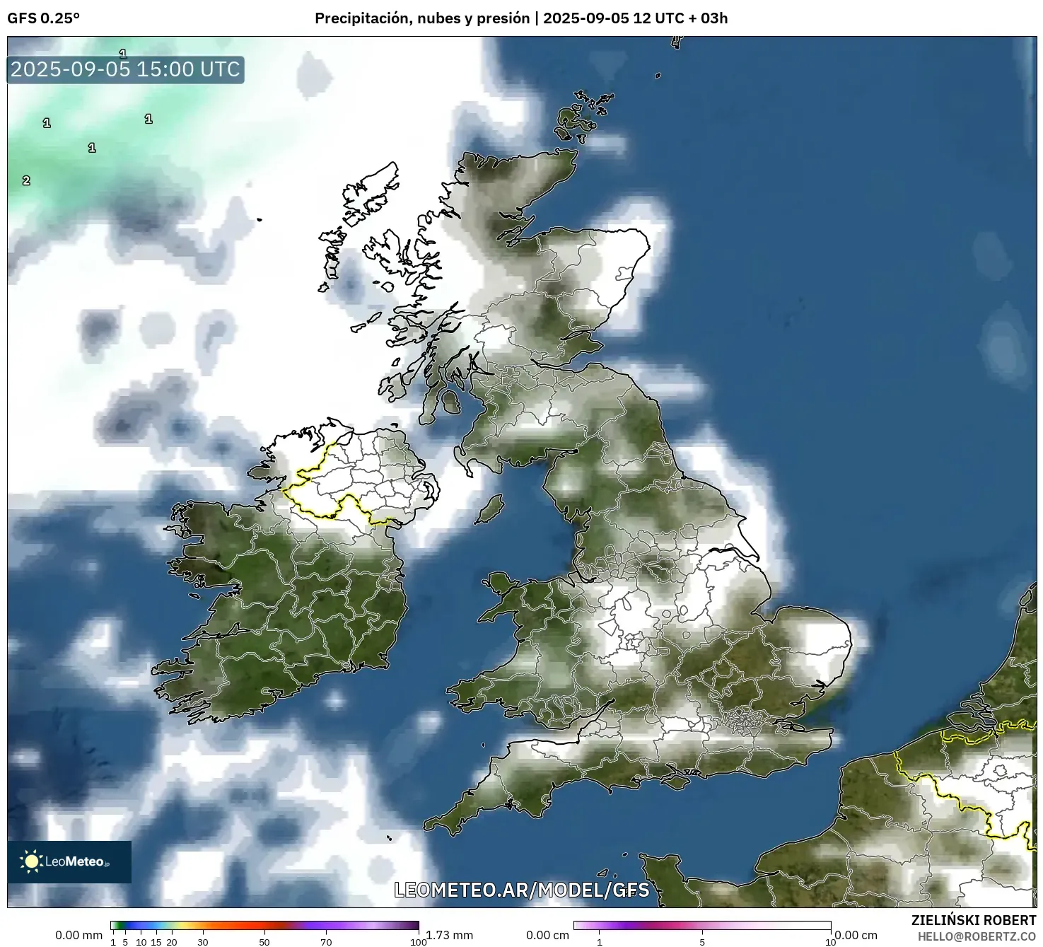 GFS model - Reino Unido, Precipitación, nubes y presión