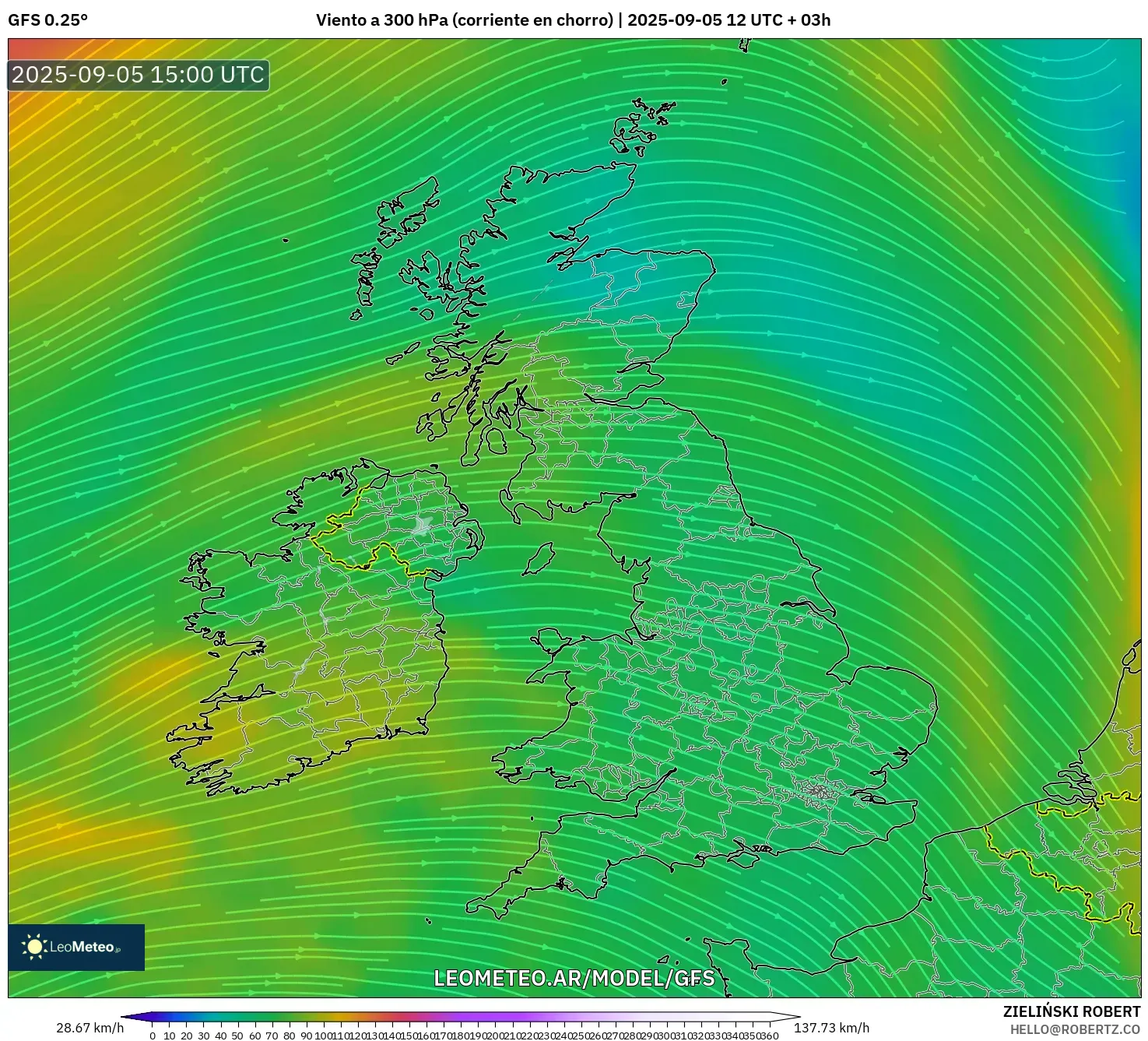 GFS model - Reino Unido, Viento a 300 hPa (corriente en chorro) GFS model - Reino Unido, Viento a 300 hPa (corriente en chorro)