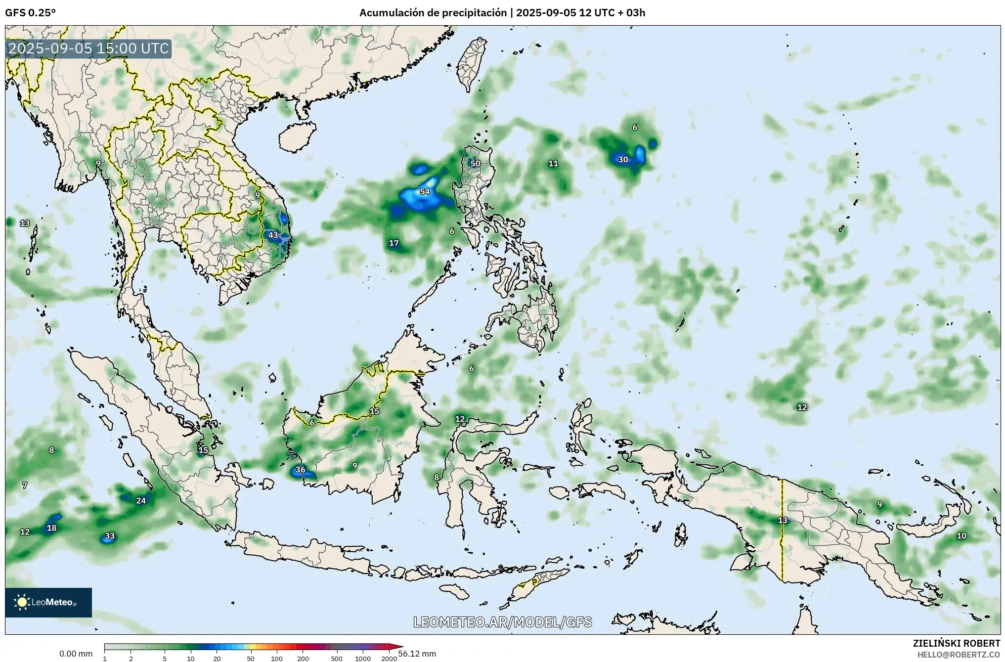 GFS model - Sudeste Asiático, Acumulación de precipitación