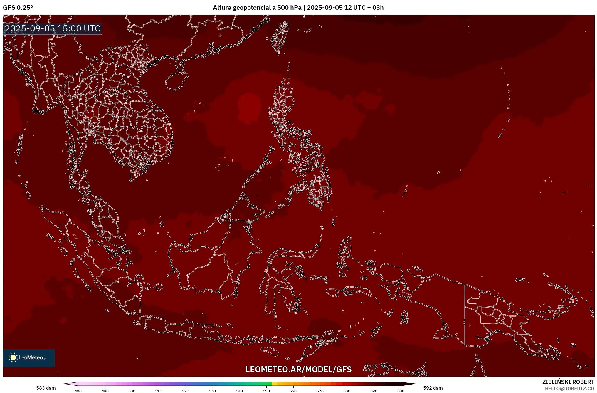 GFS model - Sudeste Asiático, Altura geopotencial a 500 hPa