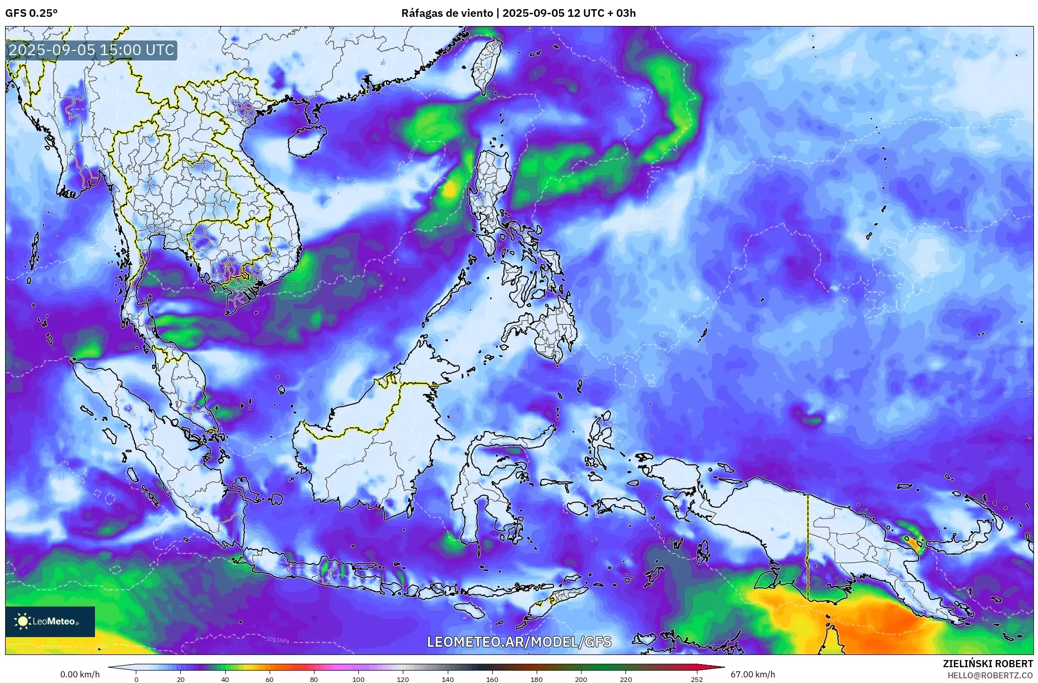 GFS model - Sudeste Asiático, Ráfagas de viento